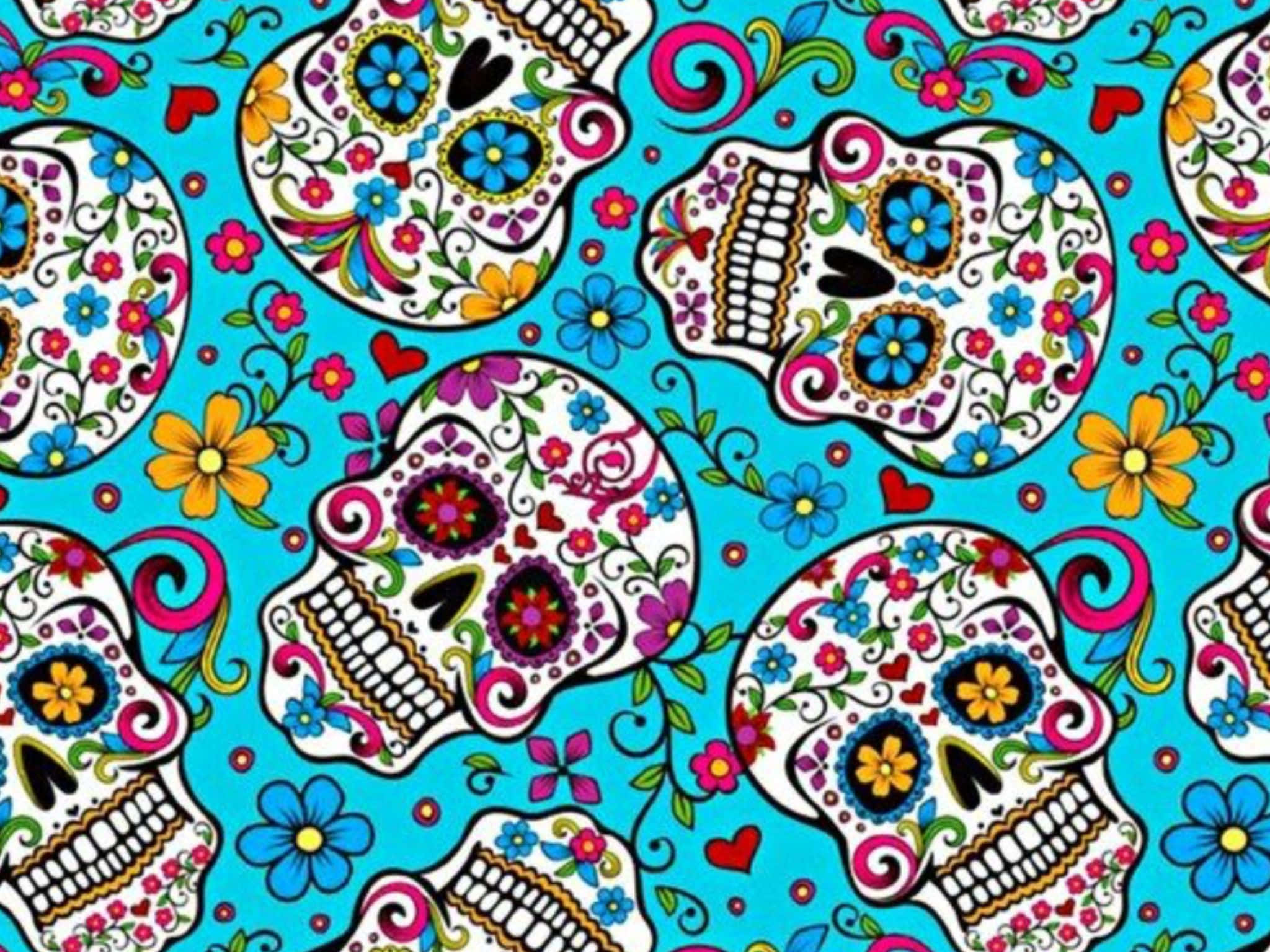Day Of The Dead 桌布 壁紙 — 色彩繽紛的糖骷髏頭飾以鮮花，在明亮的藍綠色背景上旋轉。