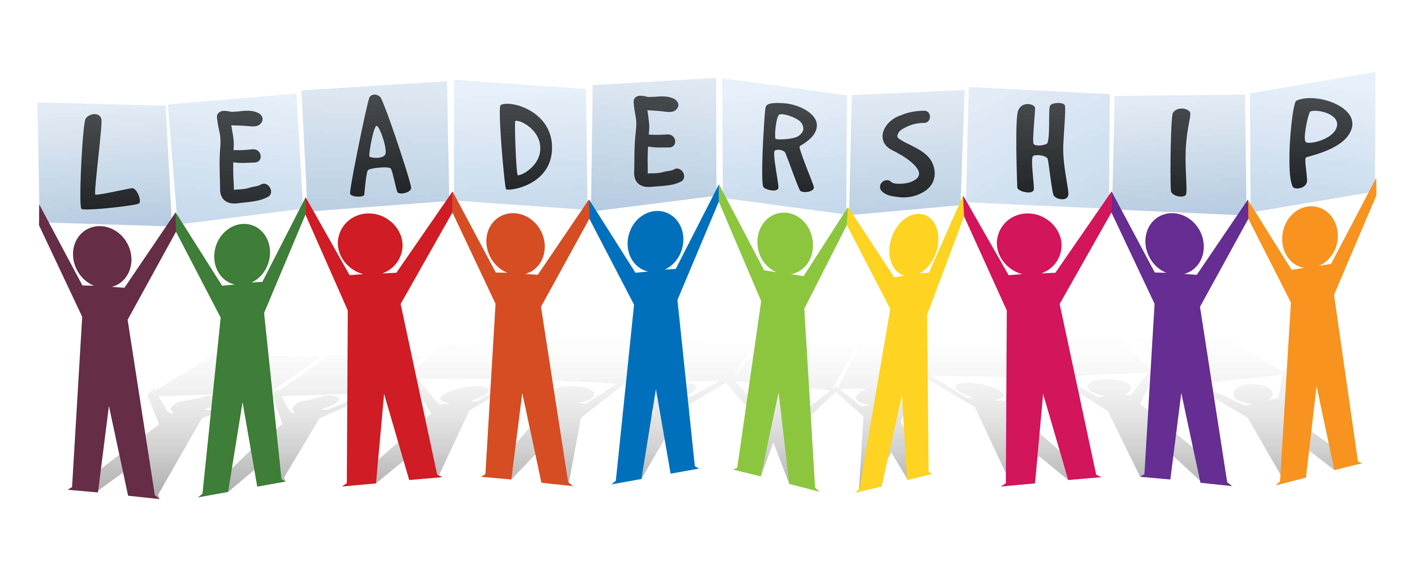 Leadership 桌布 壁紙 — 色彩繽紛的紙剪人物在白色背景上舉起拼出領導力的標語牌。