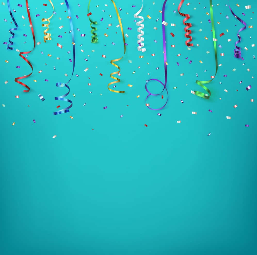 青色GIF 桌布 壁紙 — 色彩繽紛的紙屑和彩帶在純青色背景上傾瀉而下，營造出節日慶祝場景。