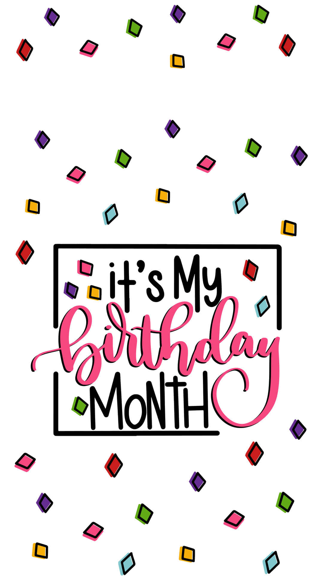 Birthday 桌布 壁紙 — 色彩繽紛的紙屑在一個大膽的粉紅色和黑色「it's My Birthday Month」文字周圍爆發，形成慶祝圖形。