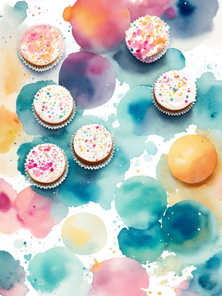Cute Cupcake 桌布 壁紙 — 色彩繽紛的紙杯蛋糕配上糖針，漂浮在混合了藍色、粉紅色和黃色的鮮豔水彩背景上。