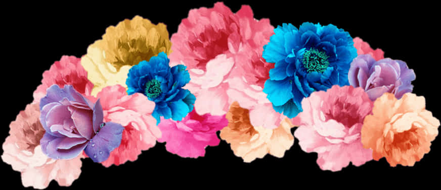 Flowers 桌布 壁紙 — 色彩繽紛的紙花，以粉紅、藍、紫和金色綻放在純黑背景上。
