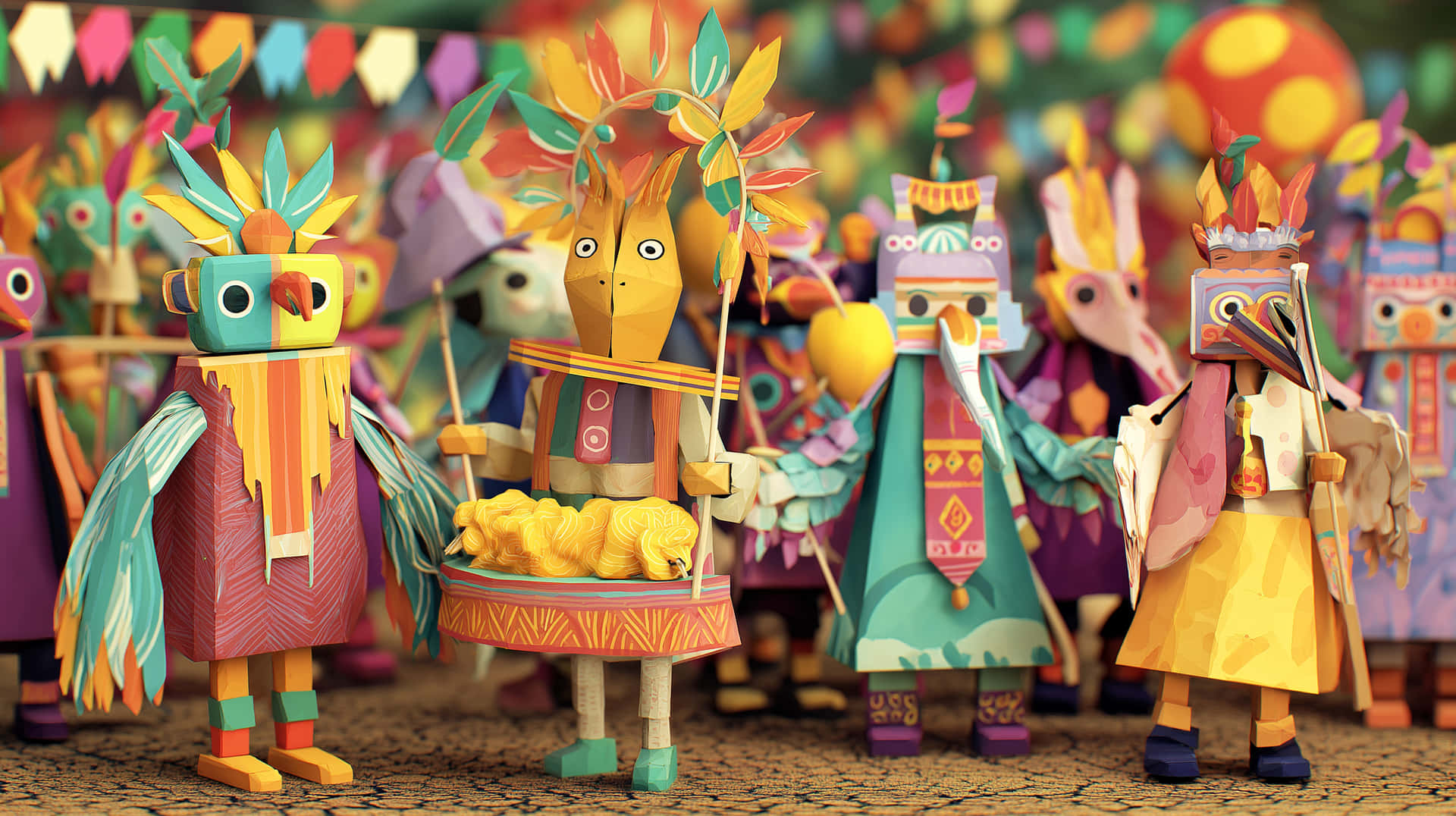 Folk Art Parade Figures 壁紙 — 色彩繽紛的紙藝角色，戴著彩色羽毛頭飾和圖案服裝，站在節日遊行隊伍中。