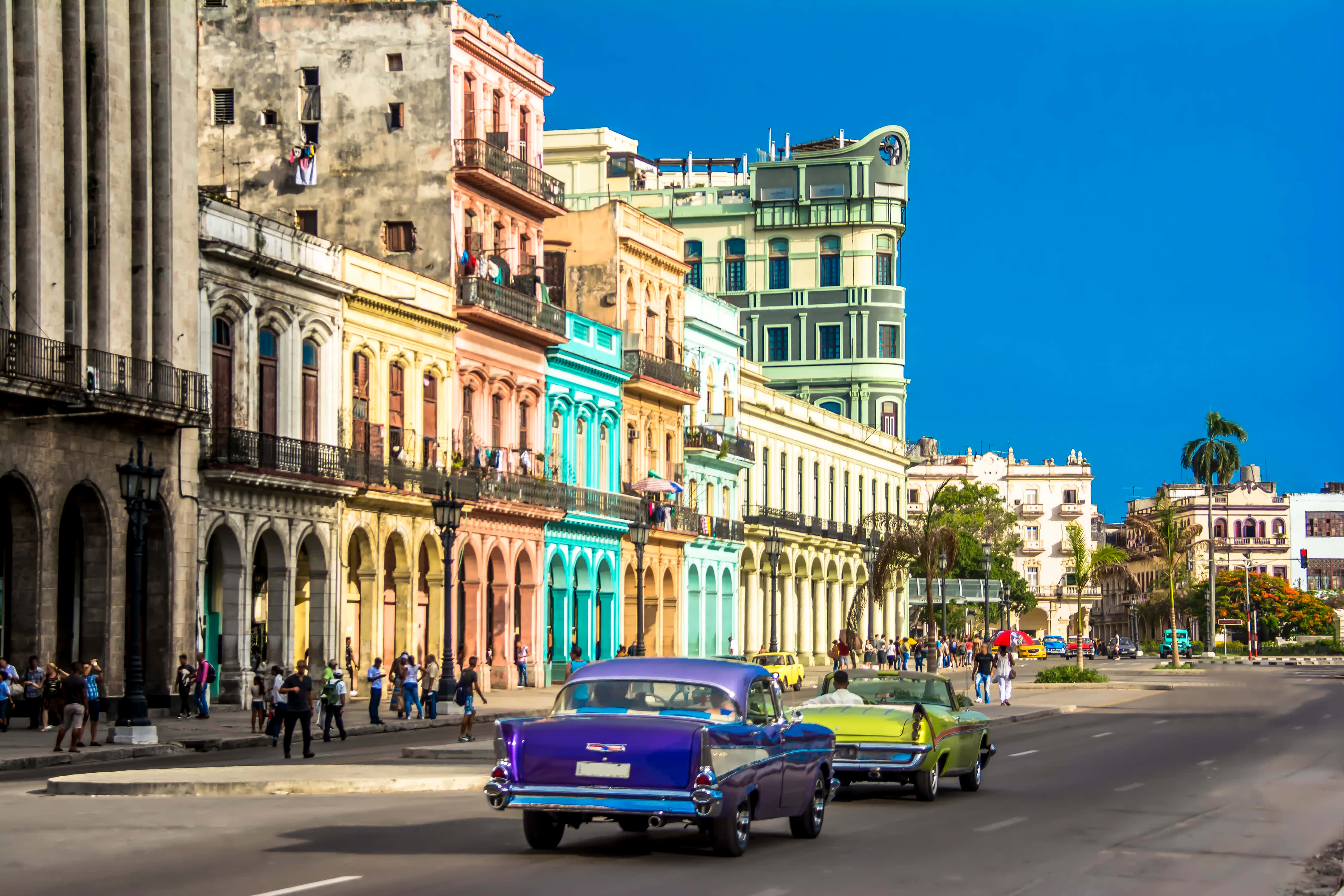 Cuba 桌布 壁紙 — 色彩繽紛的經典汽車在晴朗的藍天下，駛過色彩繽紛的殖民時期建築，行駛在充滿活力的古巴城市街道上。
