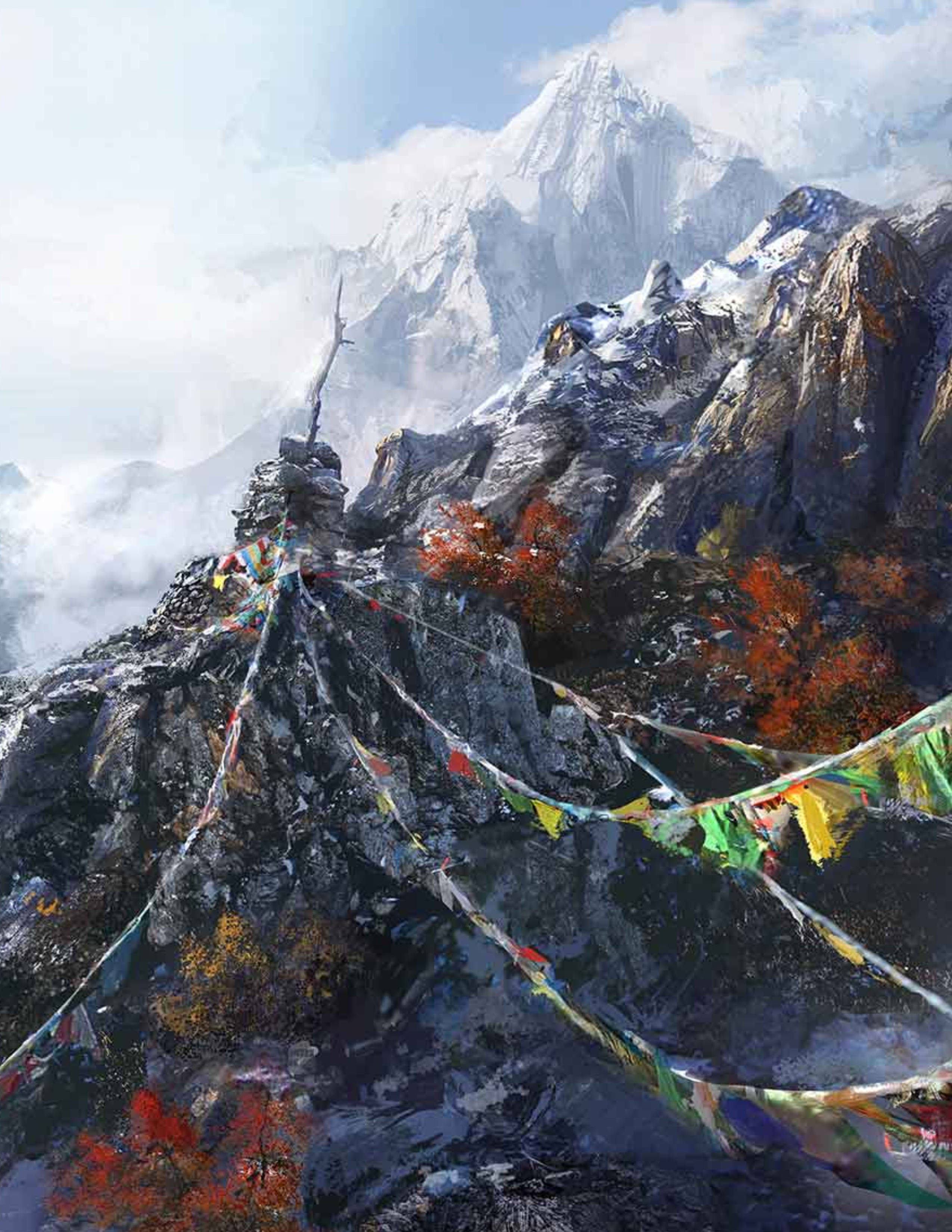far cry iPhone 桌布 壁紙 — 色彩繽紛的經幡在岩石山頂上飄揚，背景是白雪覆蓋的山峰和霧濛濛的雲層。