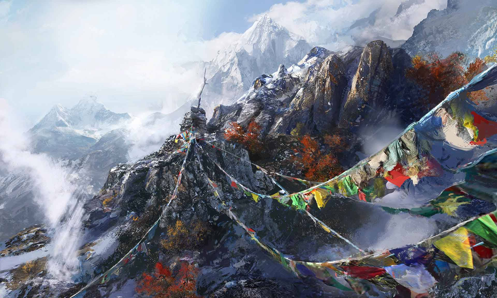 Far Cry 4 桌布 壁紙 — 色彩繽紛的經幡在崎嶇的山頂上飄揚，下方是白雪覆蓋的山峰和秋葉。