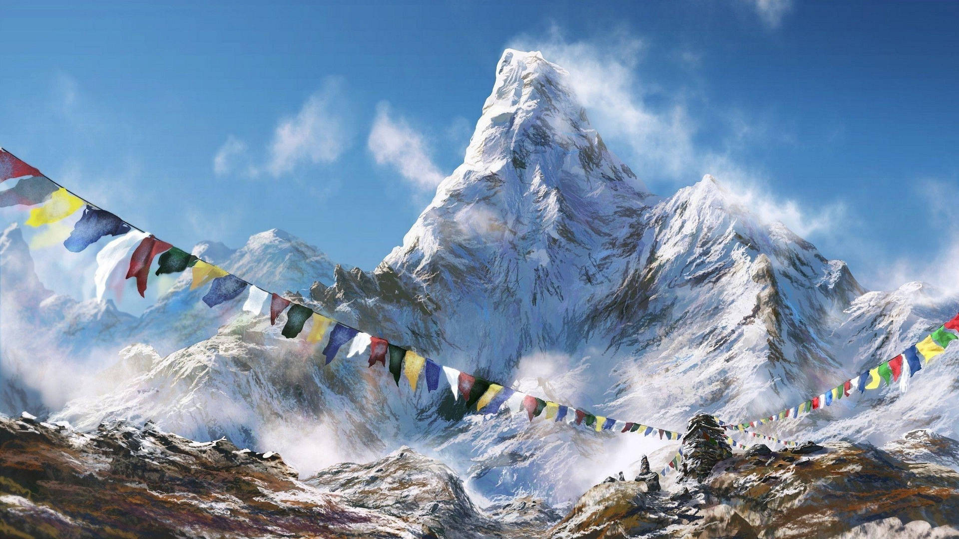  壁紙 — 色彩繽紛的經幡在風中飄揚，映襯著晴朗藍天下雄偉的雪山頂峰。