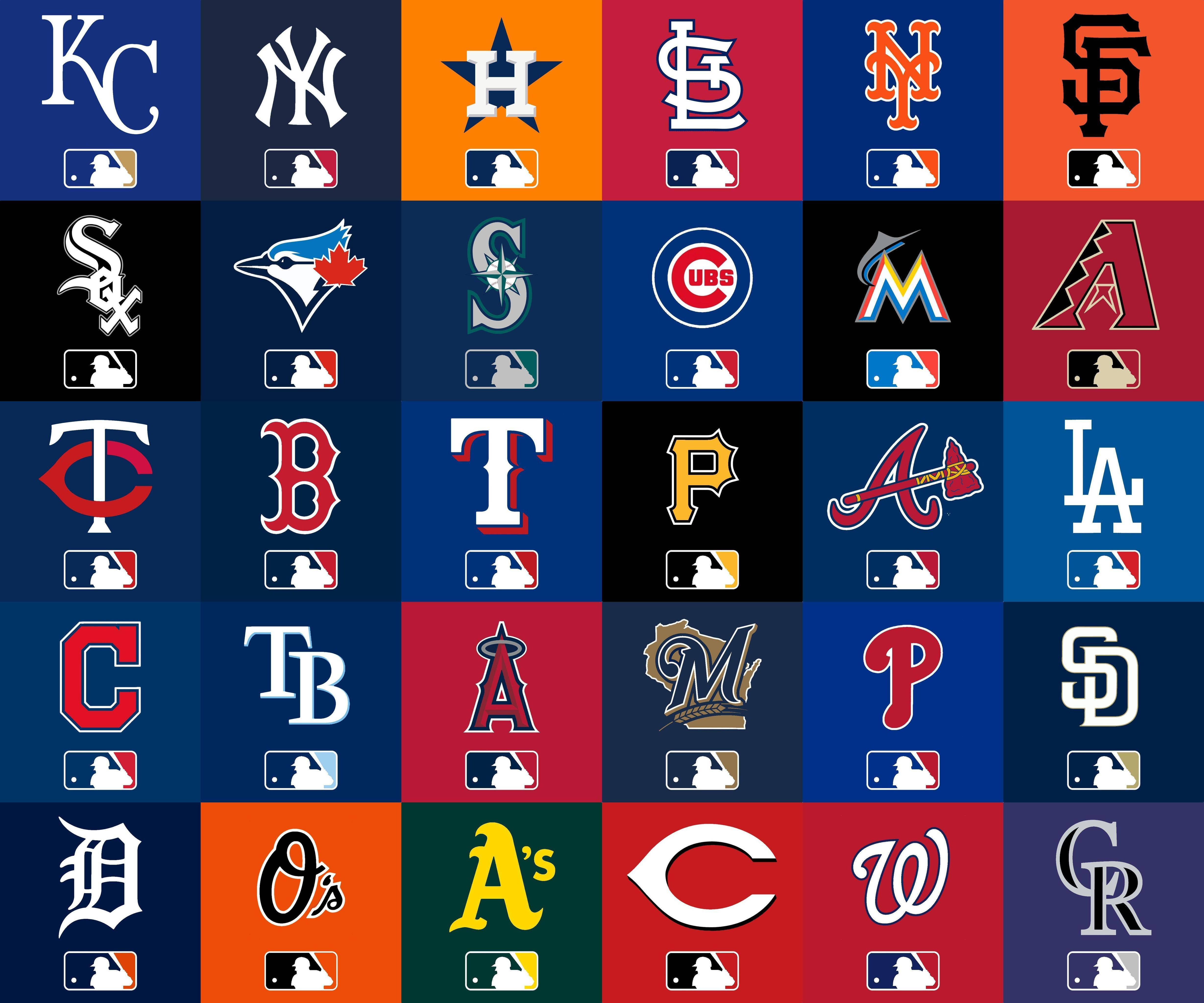 MLB 桌布 壁紙 — 色彩繽紛的美國職棒大聯盟球隊標誌以充滿活力的圖案排列成網格。