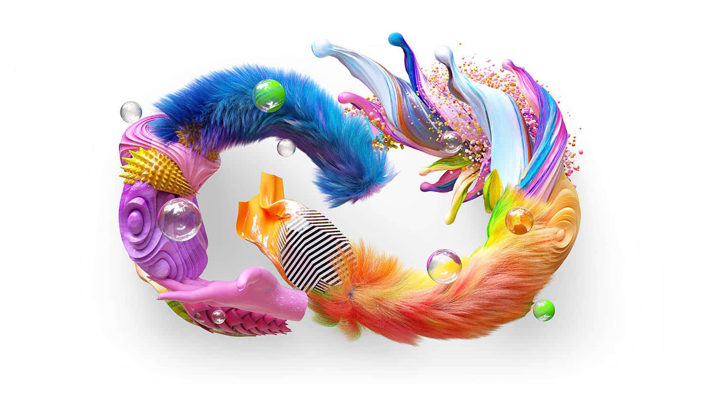 Adobe 桌布 壁紙 — 色彩繽紛的羽毛、氣泡和閃閃發光的球體形成的充滿活力的 3D 渲染抽象漩渦，構成動態的圓形構圖。