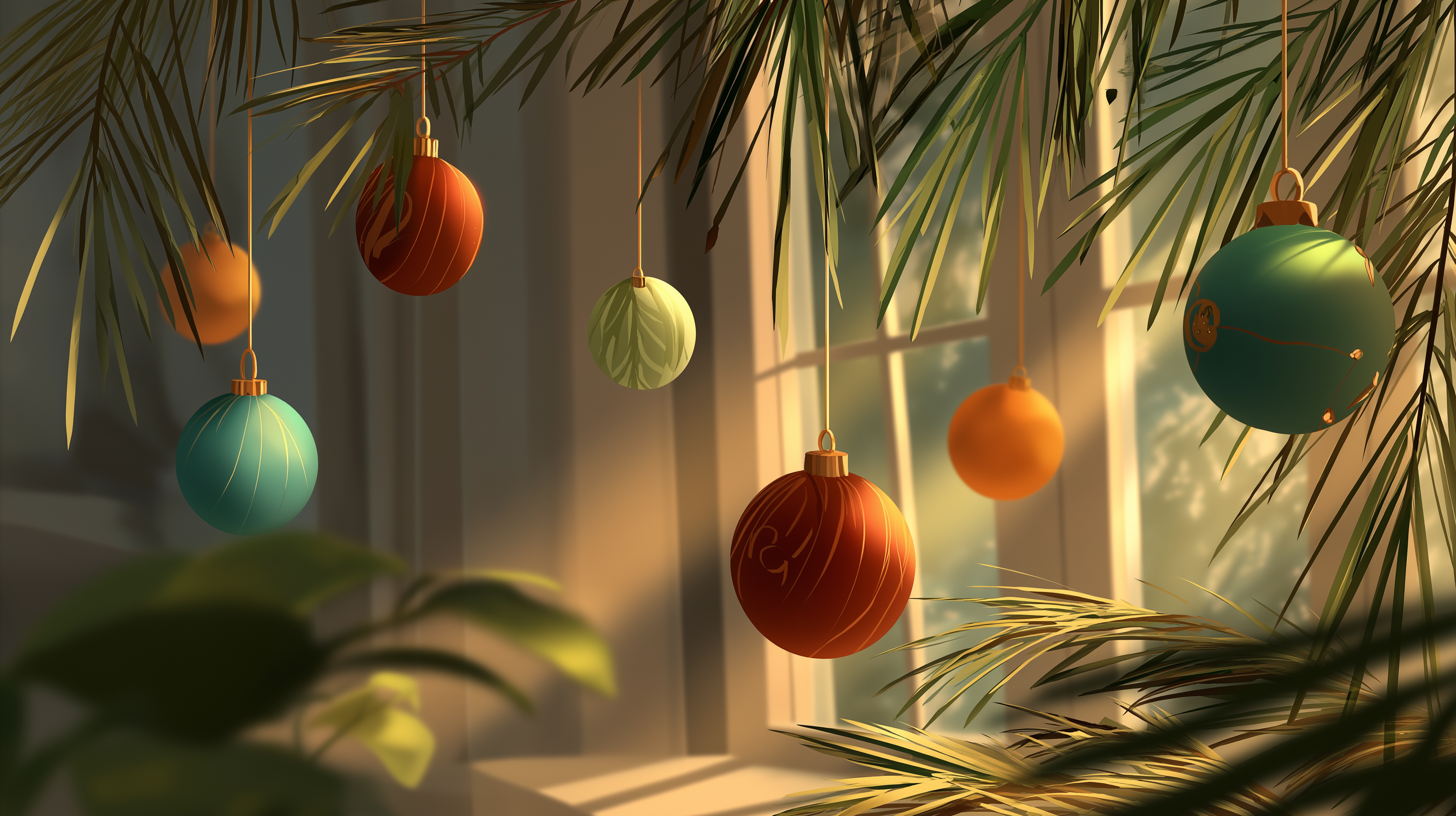 Ornaments 桌布 壁紙 — 色彩繽紛的聖誕裝飾掛在棕櫚葉之間，沐浴在從窗戶射入的溫暖金色陽光中。
