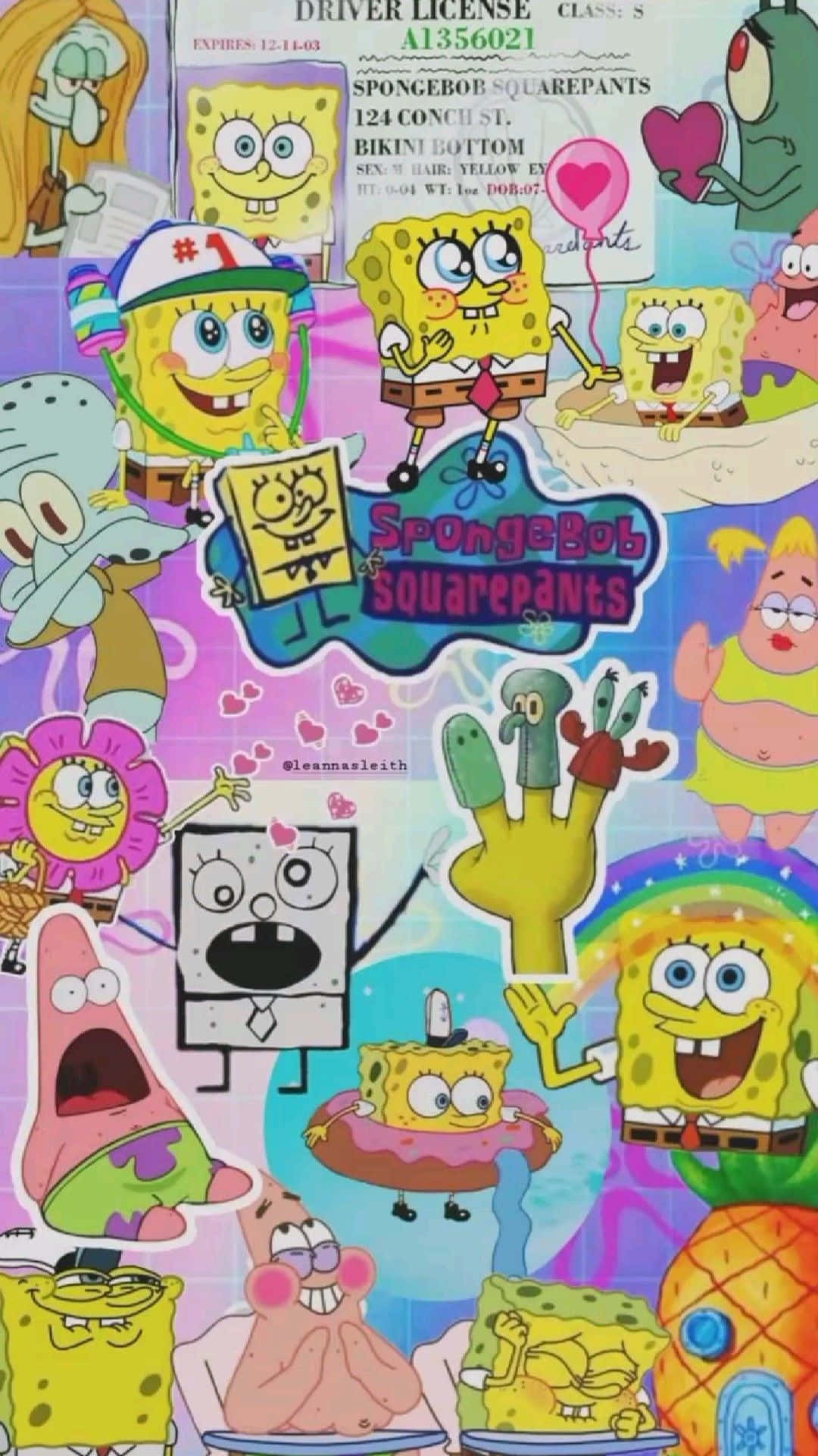 Aesthetic Spongebob 桌布 壁紙 — 色彩繽紛的背景上，海綿寶寶角色以各種姿勢和服裝呈現的充滿活力的拼貼畫。