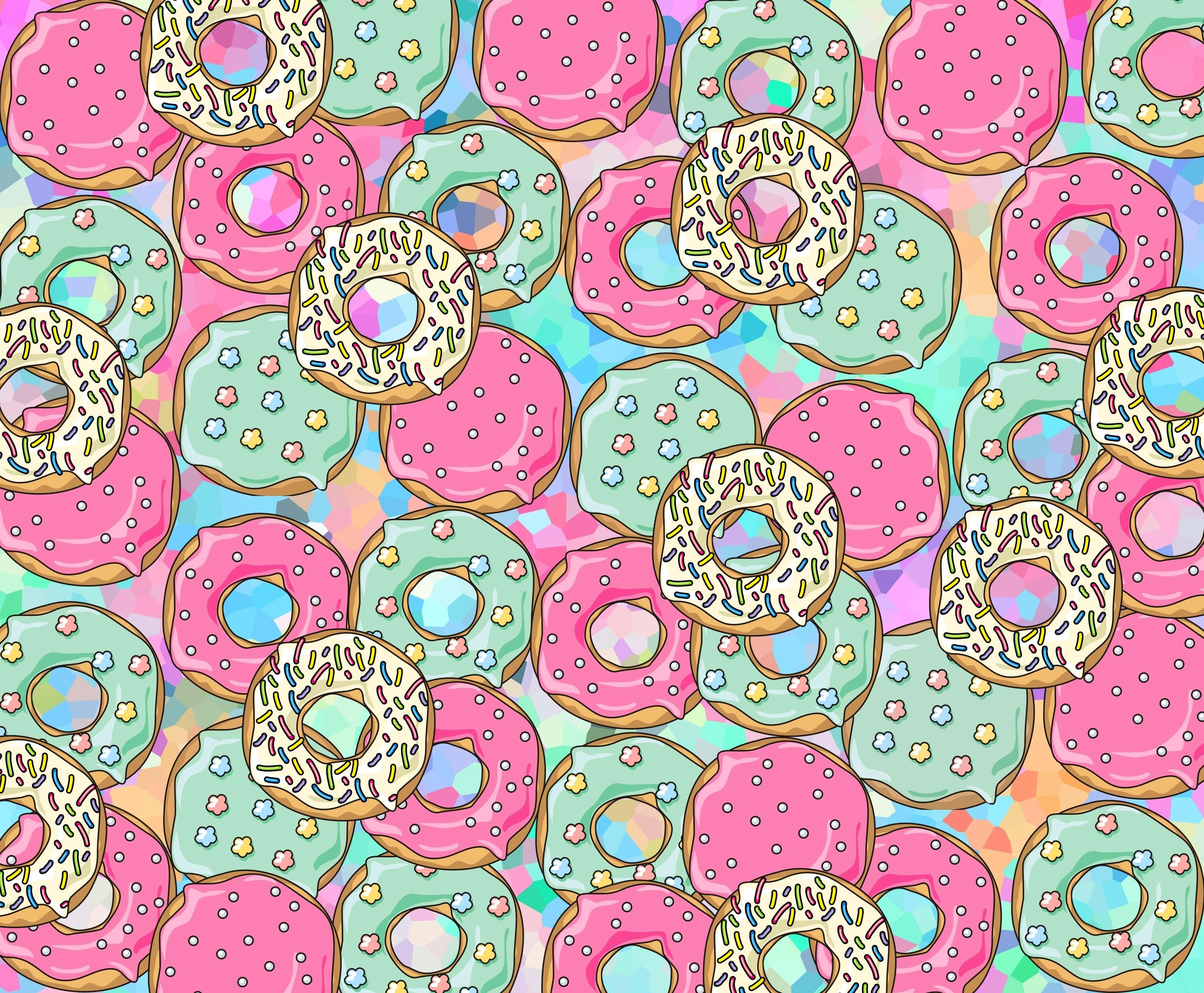 donuts 桌布 壁紙 — 色彩繽紛的背景上，粉紅色和綠色糖霜甜甜圈配上彩色糖粒和星星裝飾的鮮豔圖案。
