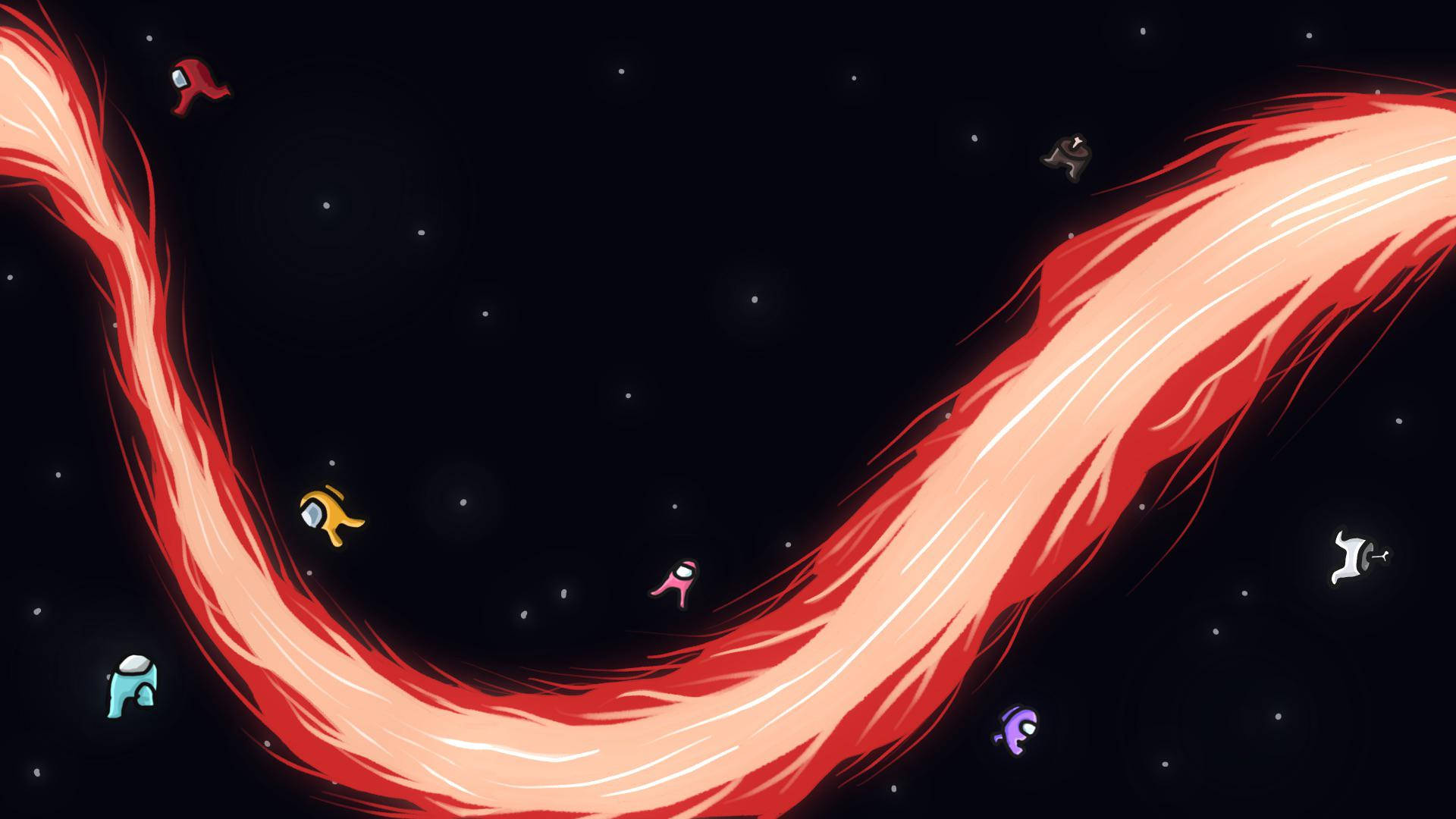 遊戲 桌布 壁紙 — 色彩繽紛的船員在星光閃爍的黑色背景下，沿著發光的紅色蟲洞在太空中漂流。