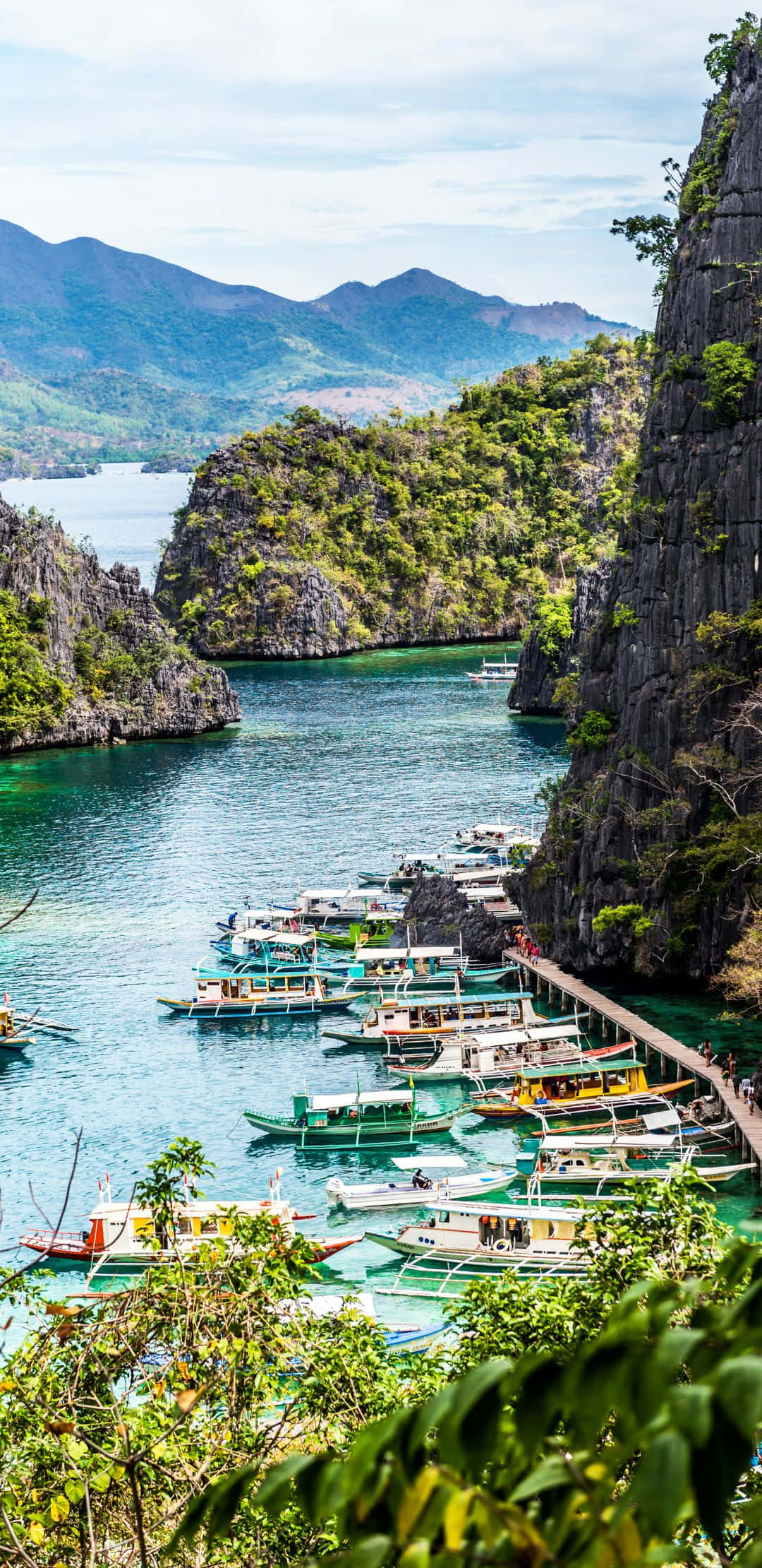 1080x2220 桌布 壁紙 — 色彩繽紛的船隻停泊在一個碧綠色的海灣，海灣位於茂密的綠色懸崖和遠處山脈之間，天空明亮。