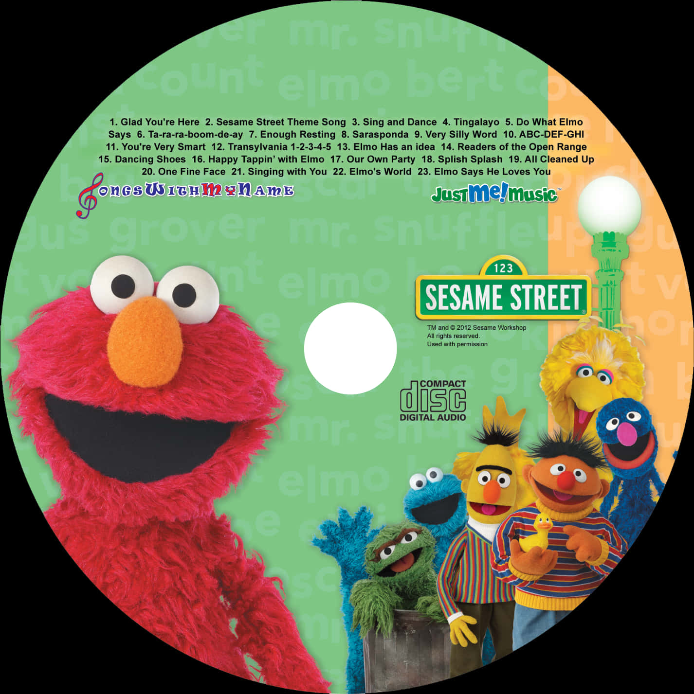 Elmo 桌布 壁紙 — 色彩繽紛的芝麻街CD封面， featuring Elmo 和其他布偶，綠色背景上有歌曲名稱。