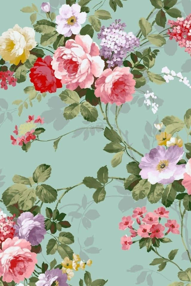 iPhone Flower 桌布 壁紙 — 色彩繽紛的花束，以柔和薄荷色背景襯托玫瑰和丁香花的粉彩色調。
