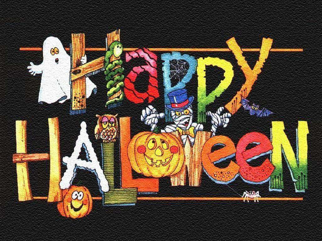 Happy Halloween 桌布 壁紙 — 色彩繽紛的萬聖節字母，裝飾有鬼魂、貓頭鷹、南瓜和蝙蝠，背景為黑色紋理。