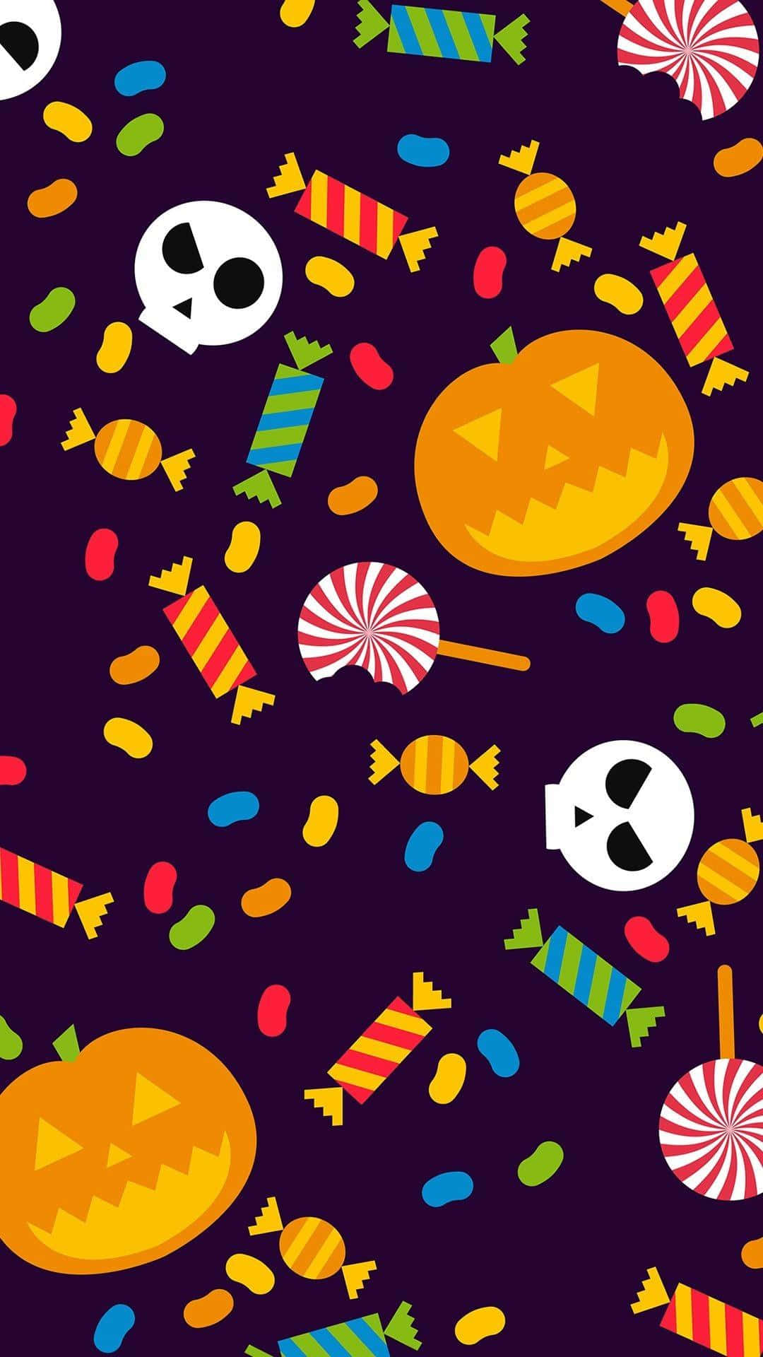 iPhone Cute Halloween 桌布 壁紙 — 色彩繽紛的萬聖節糖果和南瓜燈在深紫色背景上以俏皮圖案漂浮。