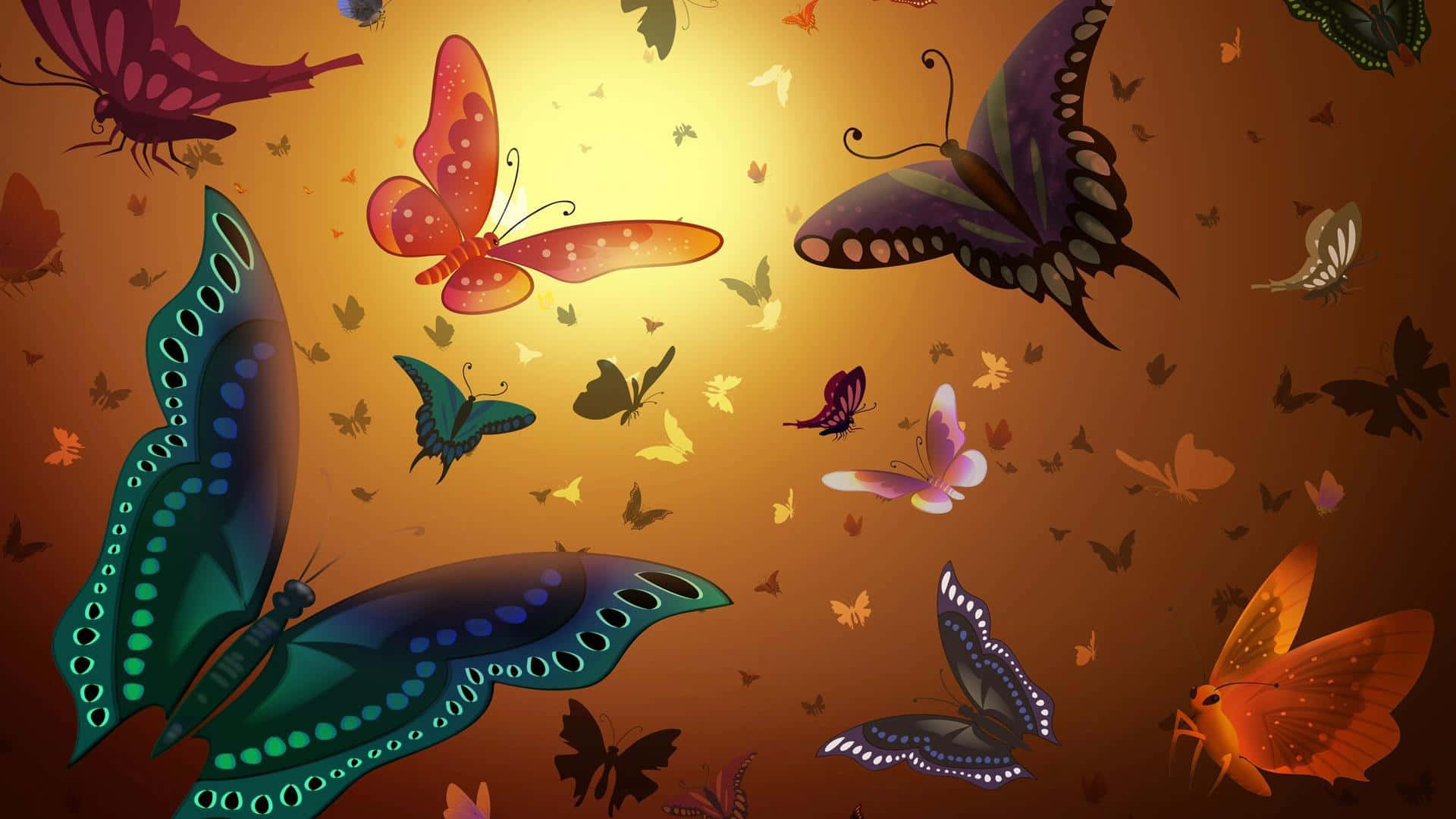 Cool Butterfly 桌布 壁紙 — 色彩繽紛的蝴蝶在溫暖的金色漸變背景上翩翩起舞。