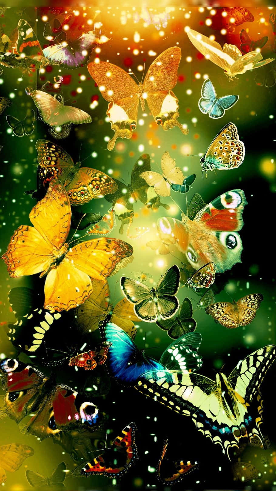 Butterflies 桌布 壁紙 — 色彩繽紛的蝴蝶如璀璨瀑布般，在金光閃閃和翡翠綠的光影空間中旋轉飛舞。