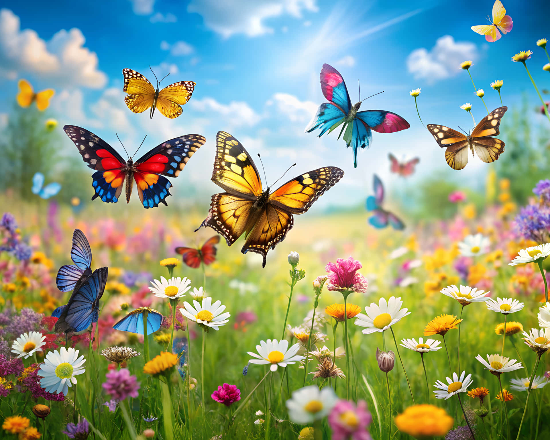 Butterflies on a meadow field 壁紙 — 色彩繽紛的蝴蝶帶有彩虹翅膀，在陽光明媚的草地上翩翩起舞，草地上開滿了五顏六色的野花，天空湛藍明亮。