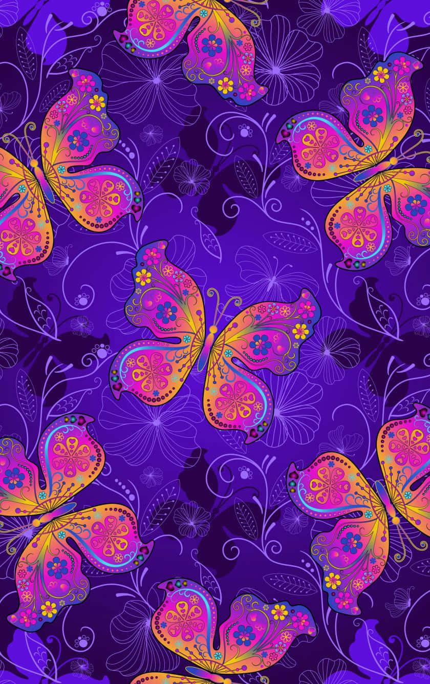 紫色背景上帶有藤蔓和花卉圖案的彩色蝴蝶。 — 閃爍 GIF 壁紙