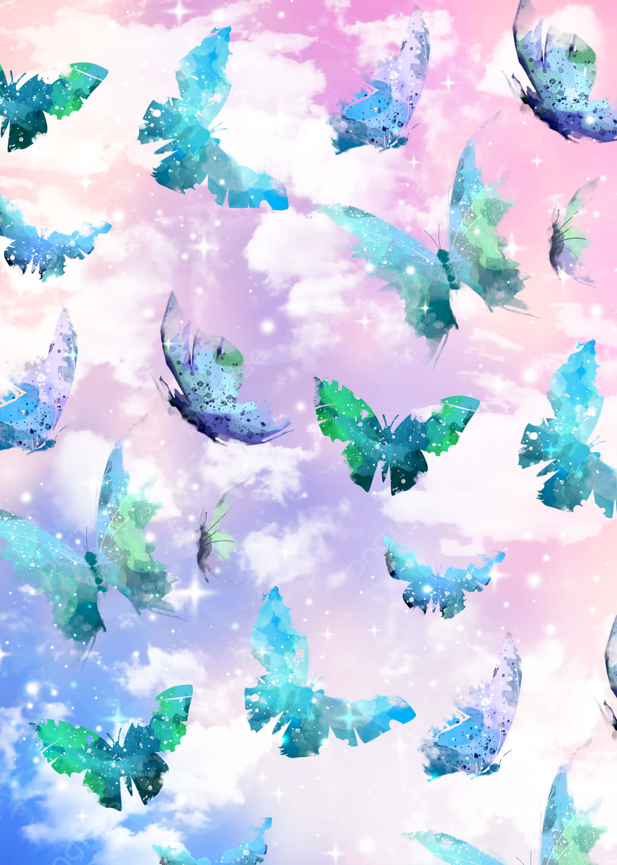 Glitter Butterfly 桌布 壁紙 — 色彩繽紛的蝴蝶閃爍著翅膀，在充滿柔和雲朵和閃爍星星的粉彩天空中翱翔。
