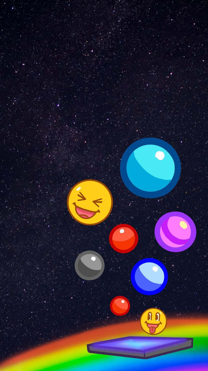 Social 桌布 壁紙 — 色彩繽紛的表情符號泡泡在星光燦爛的夜空中漂浮，下方是發光的彩虹平台。