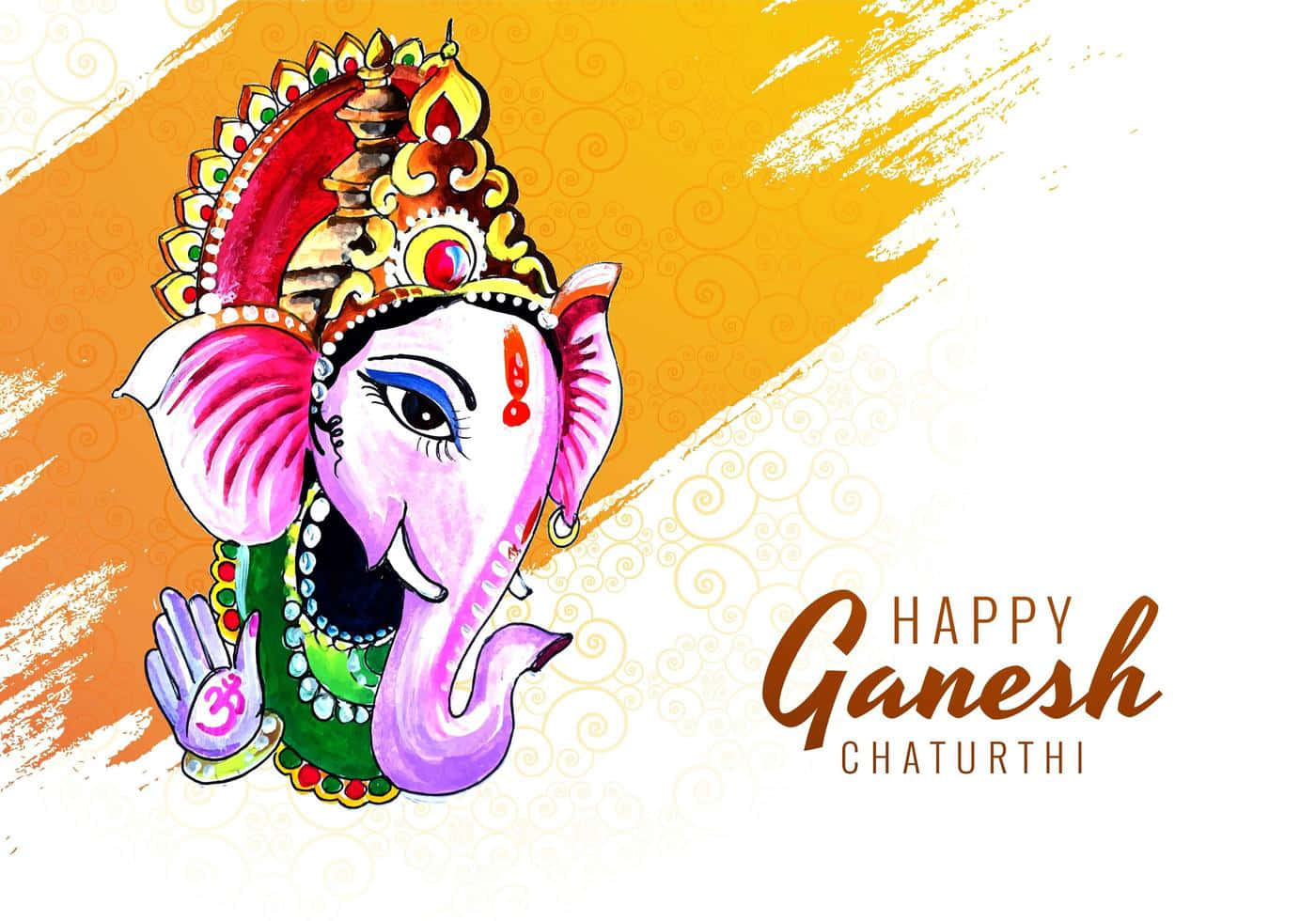 Ganesh Chaturthi 桌布 壁紙 — 色彩繽紛的象頭神像插圖，粉紅色象頭飾以彩色珠寶，背景為溫暖的橙色和白色筆觸。