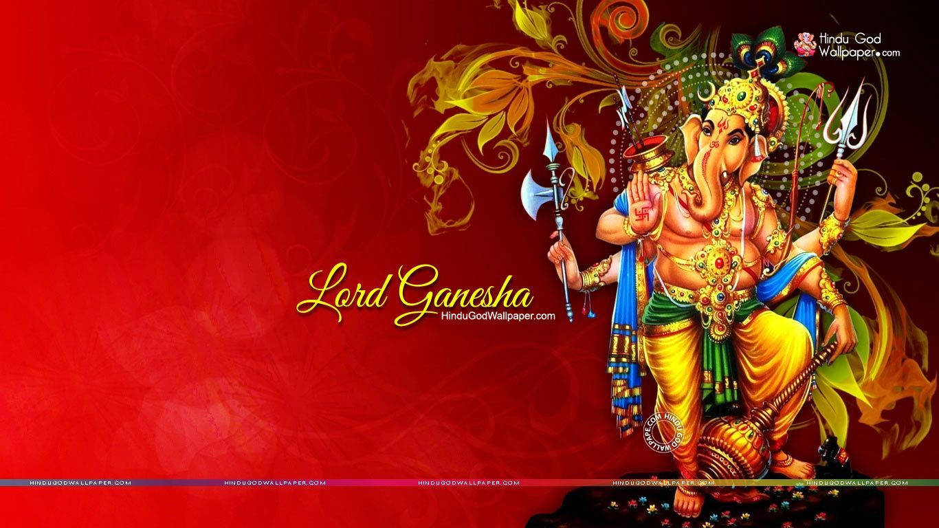 Ganesh 桌布 壁紙 — 色彩繽紛的象頭神迦內什插圖，飾有金色珠寶和彩色服裝，背景為豐富的紅色，帶有旋轉的花卉圖案。