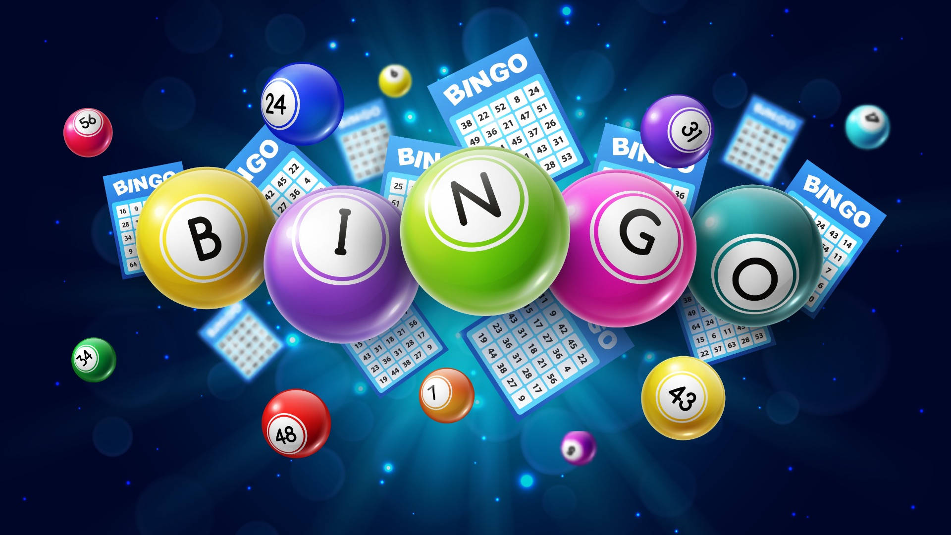 Bingo 桌布 壁紙 — 色彩繽紛的賓果球和卡片在閃爍的深藍色背景上動態漂浮。