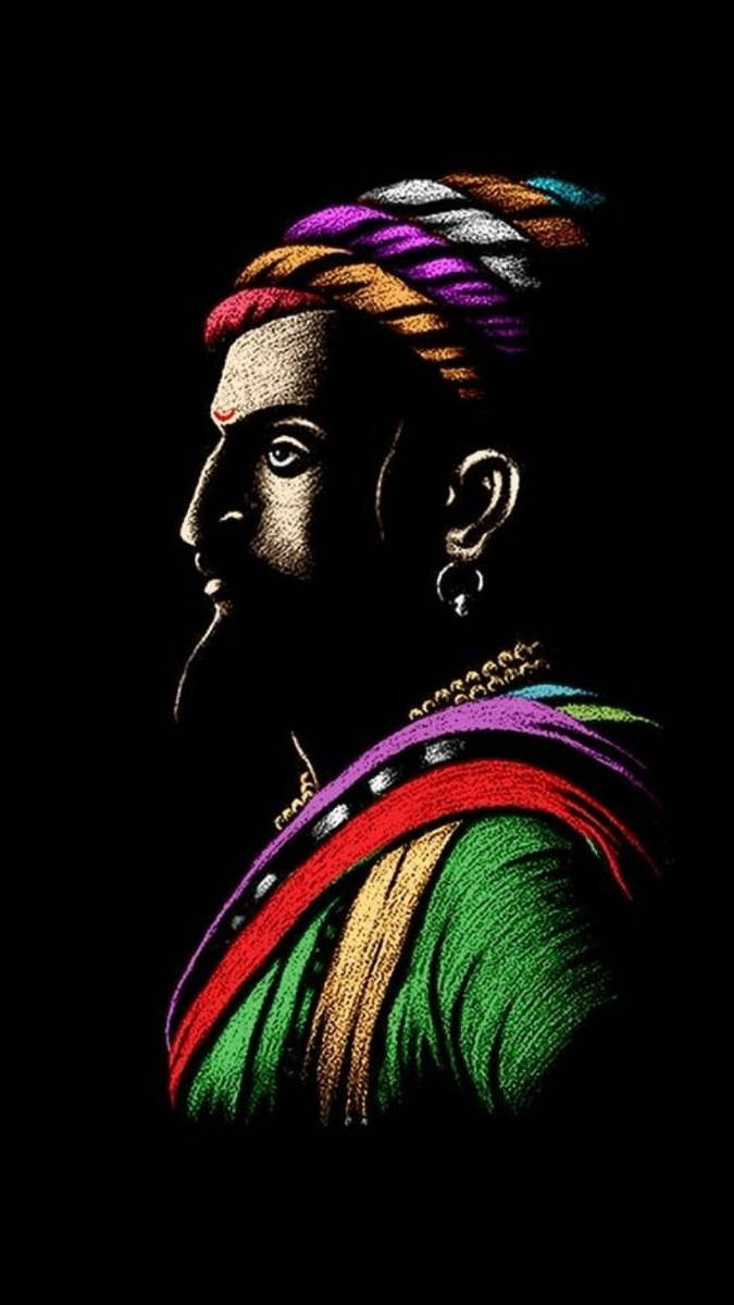 Chhatrapati Shivaji Maharaj 桌布 壁紙 — 色彩繽紛的辮子頭飾和垂墜服飾在純黑背景下突顯出寧靜的側面輪廓。