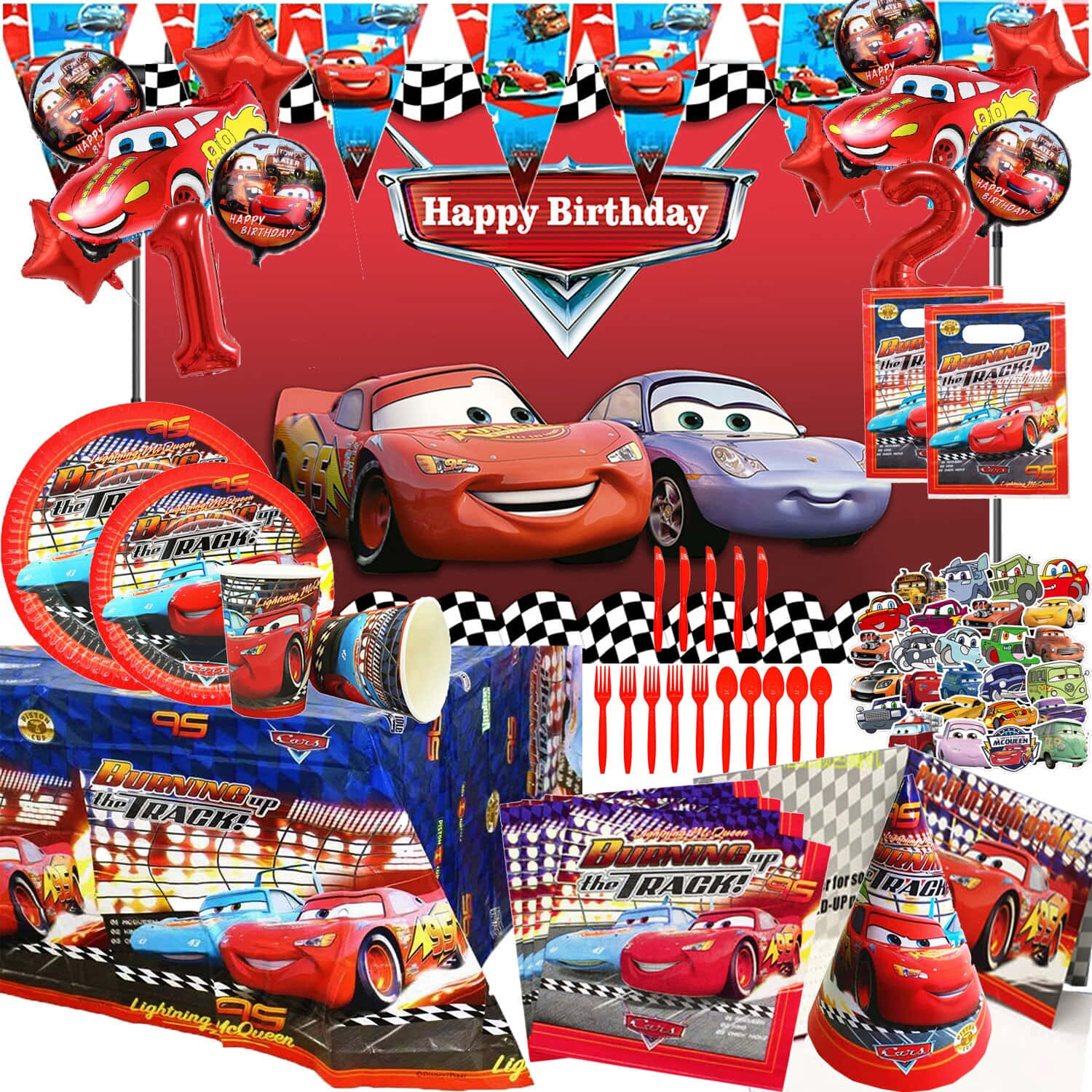 Lightning Mcqueen 桌布 壁紙 — 色彩繽紛的迪士尼《汽車總動員》生日派對用品， featuring 閃電麥坤和朋友們，紅色方格旗和賽車主題。