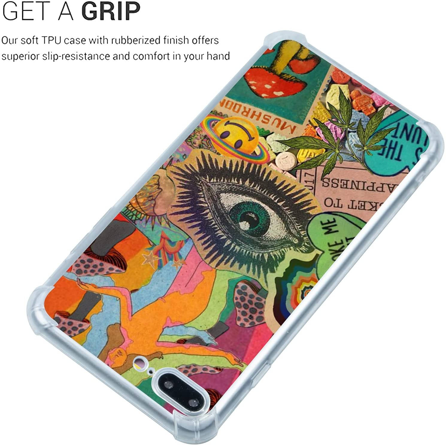 Trippy Phone 桌布 壁紙 — 色彩繽紛的迷幻手機殼，上面有一個大而精細的眼睛，周圍環繞著蘑菇、笑臉和抽象圖案。