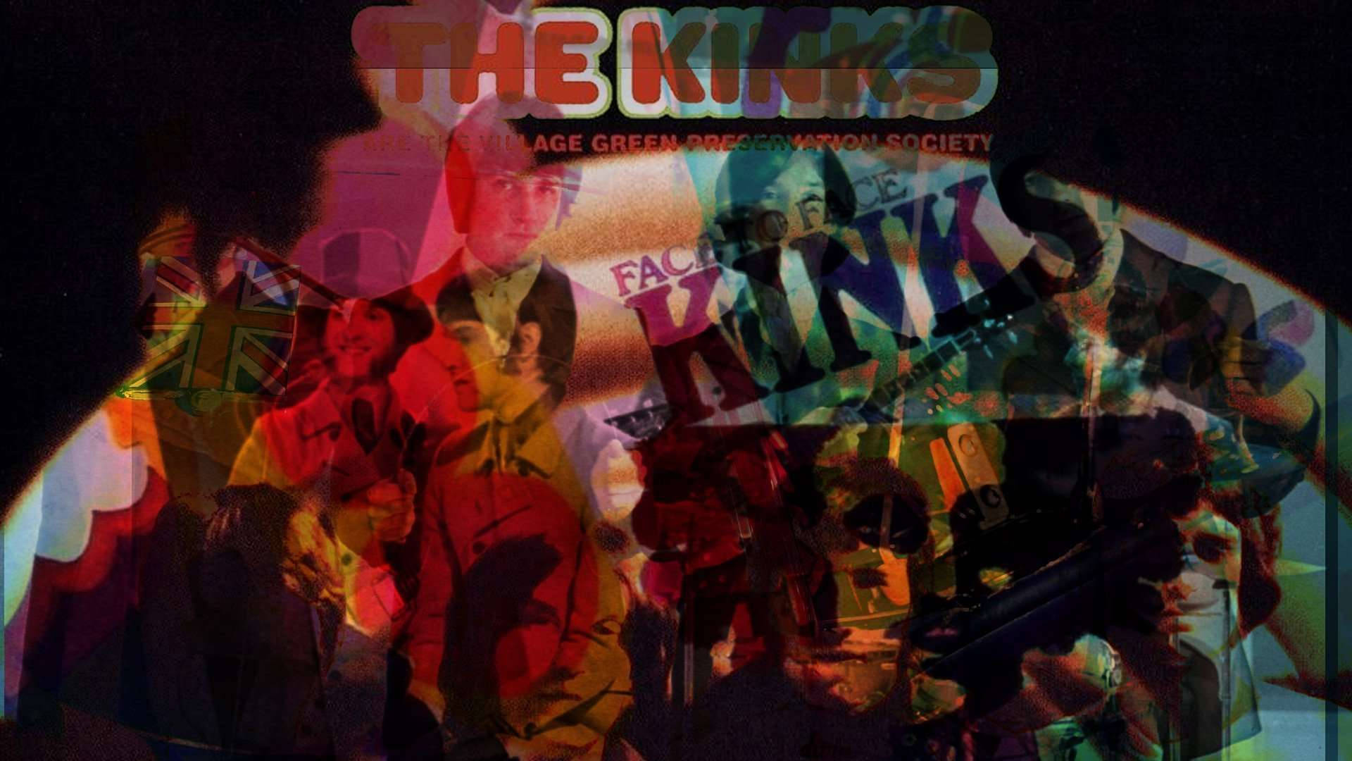 Retro 桌布 壁紙 — 色彩繽紛的迷幻拼貼畫，展示 The Kinks 樂隊成員，配以粗體文字和分層圖像，在彩色燈光下呈現。