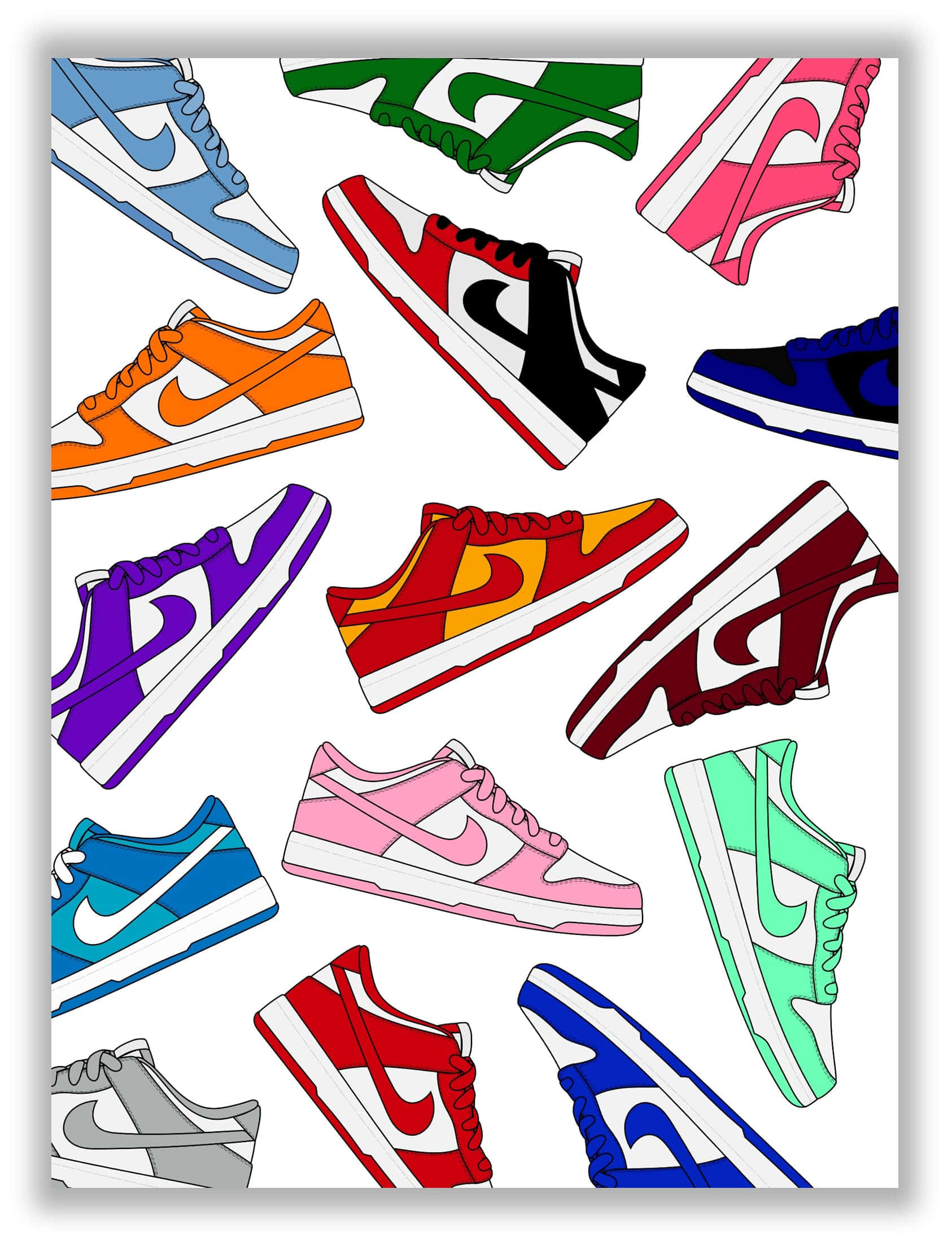 Sneaker 桌布 壁紙 — 色彩繽紛的運動鞋散落在潔白背景上，形成有趣的圖案。
