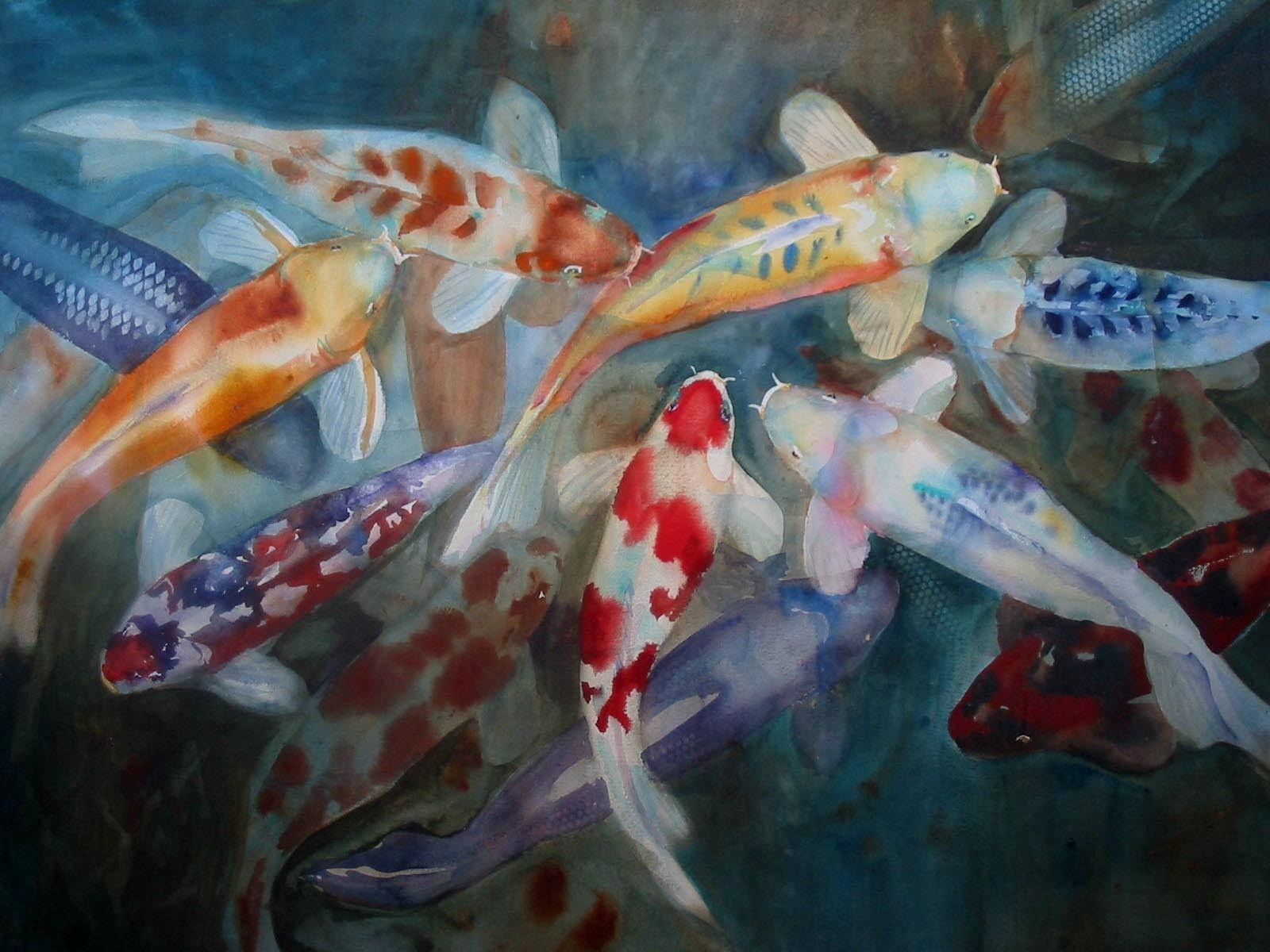 Painting Desktop 桌布 壁紙 — 色彩繽紛的錦鯉在一個以柔和藍色、橙色和白色水彩繪成的池塘中優雅地游動。