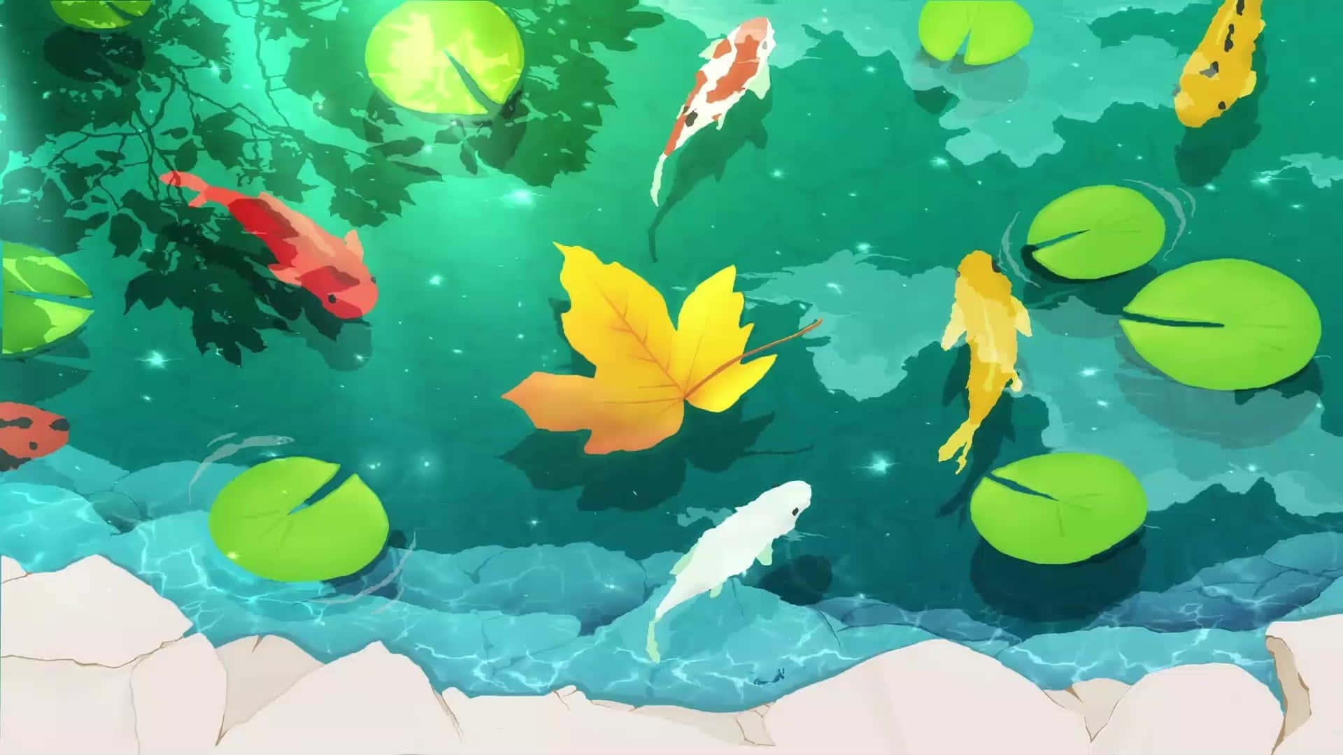 Pond 桌布 壁紙 — 色彩繽紛的錦鯉在寧靜的池塘中，在睡蓮葉和飄落的楓葉之間優雅地游動。