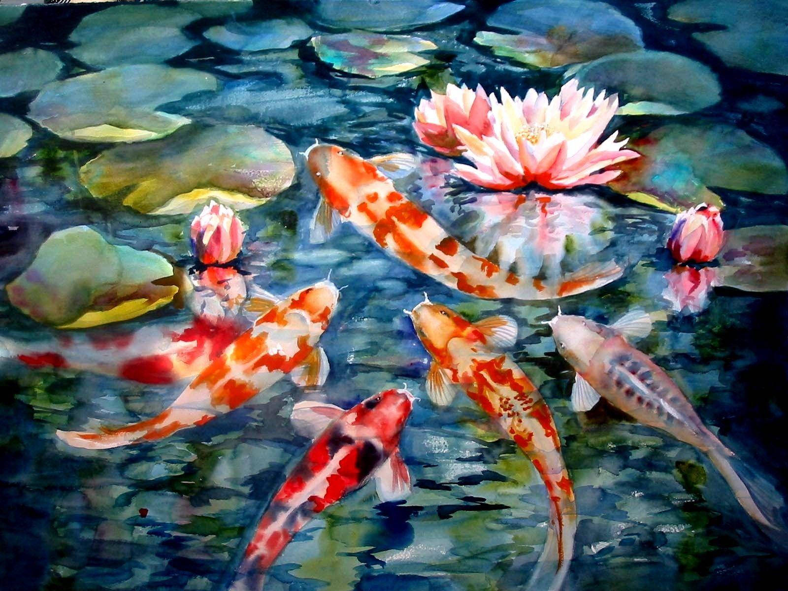 魚 桌布 壁紙 — 色彩繽紛的錦鯉在寧靜的池塘中，於漂浮的睡蓮葉和盛開的睡蓮下優雅地游動。