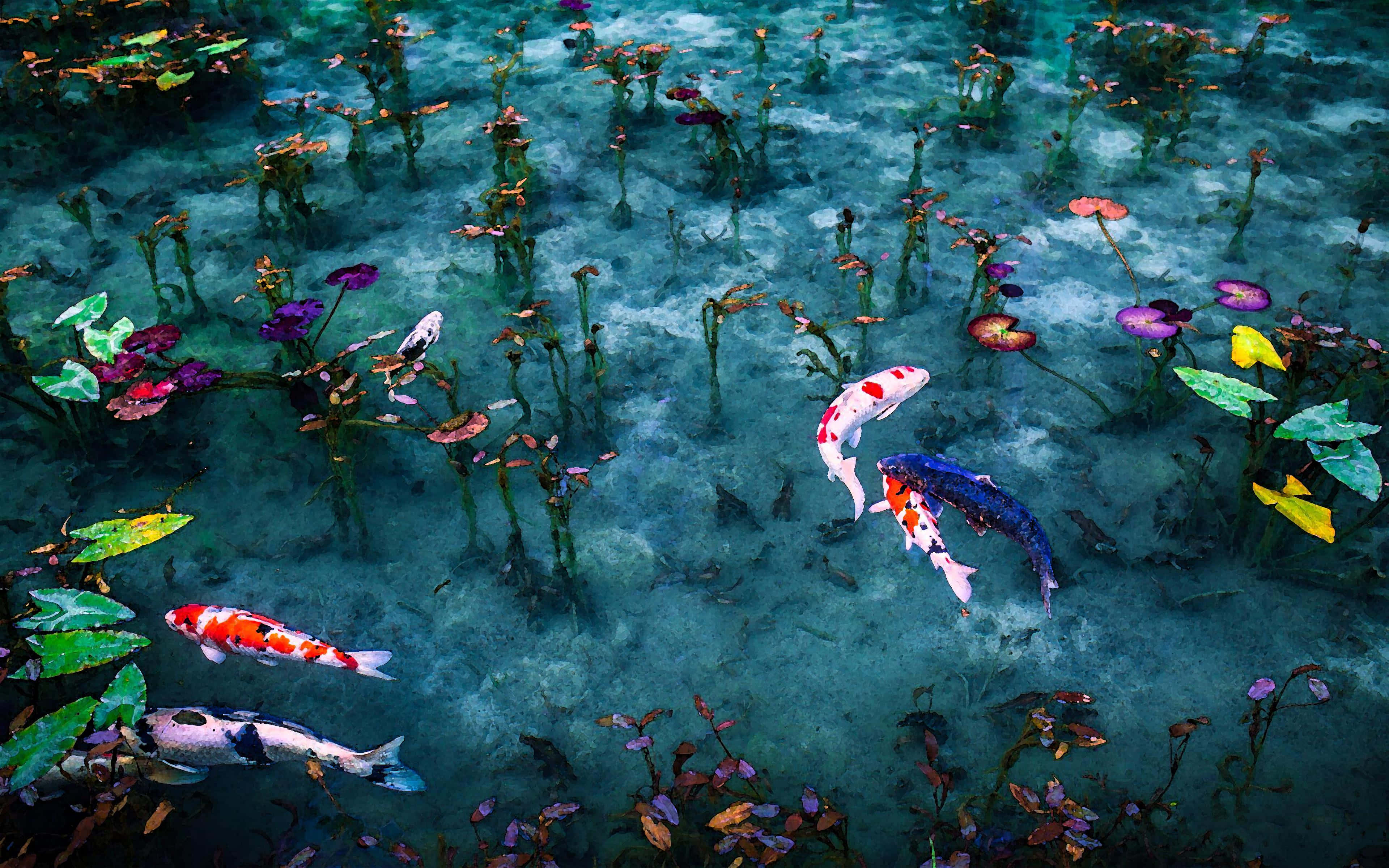 Koi Fish 桌布 壁紙 — 色彩繽紛的錦鯉在清澈的碧綠水中游動，水面上點綴著五顏六色的睡蓮葉和水下植物。