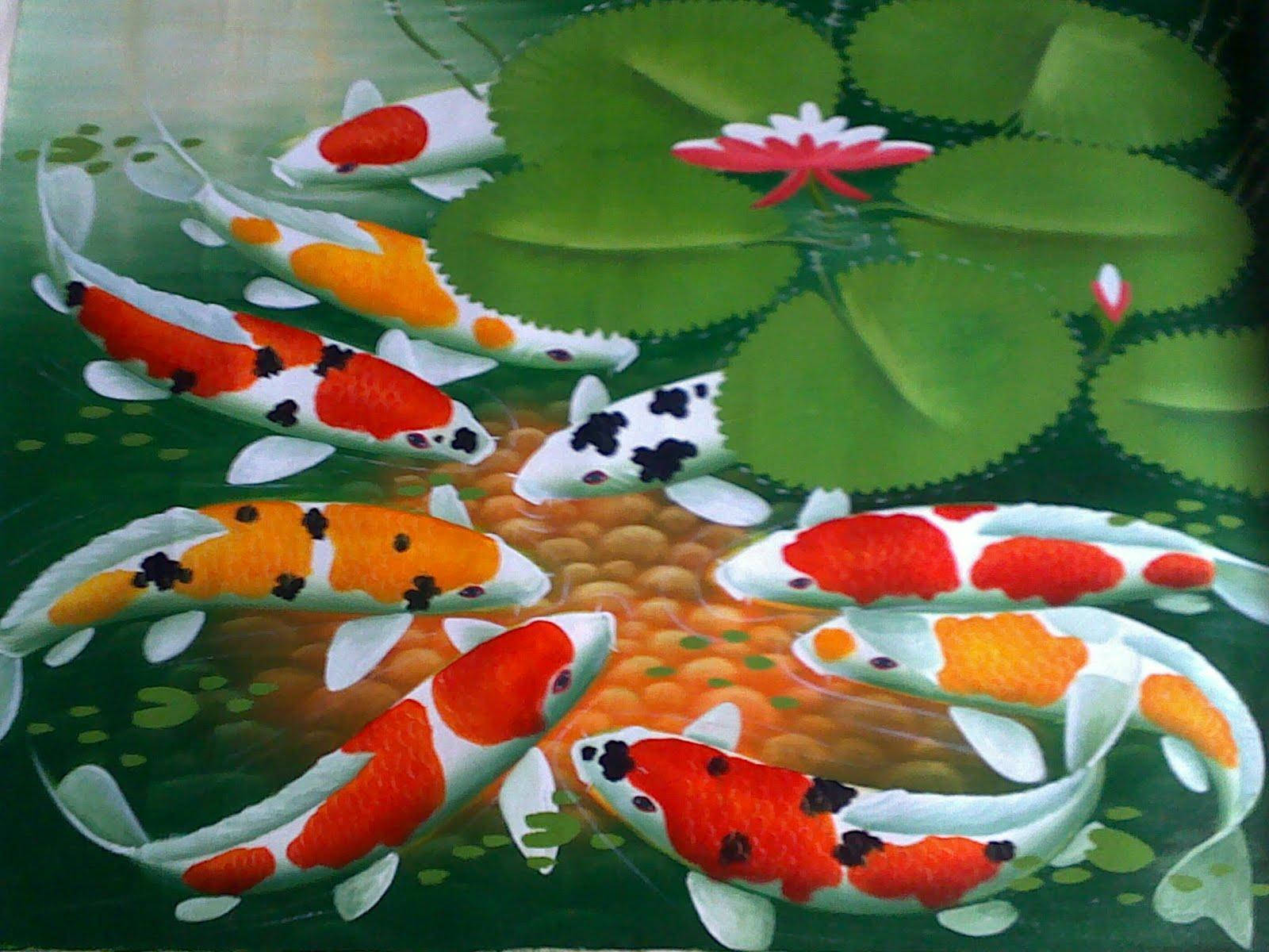 Painting 桌布 壁紙 — 色彩繽紛的錦鯉在翠綠的睡蓮葉和盛開的粉紅睡蓮之間優雅地游動，營造出寧靜的池塘景致。
