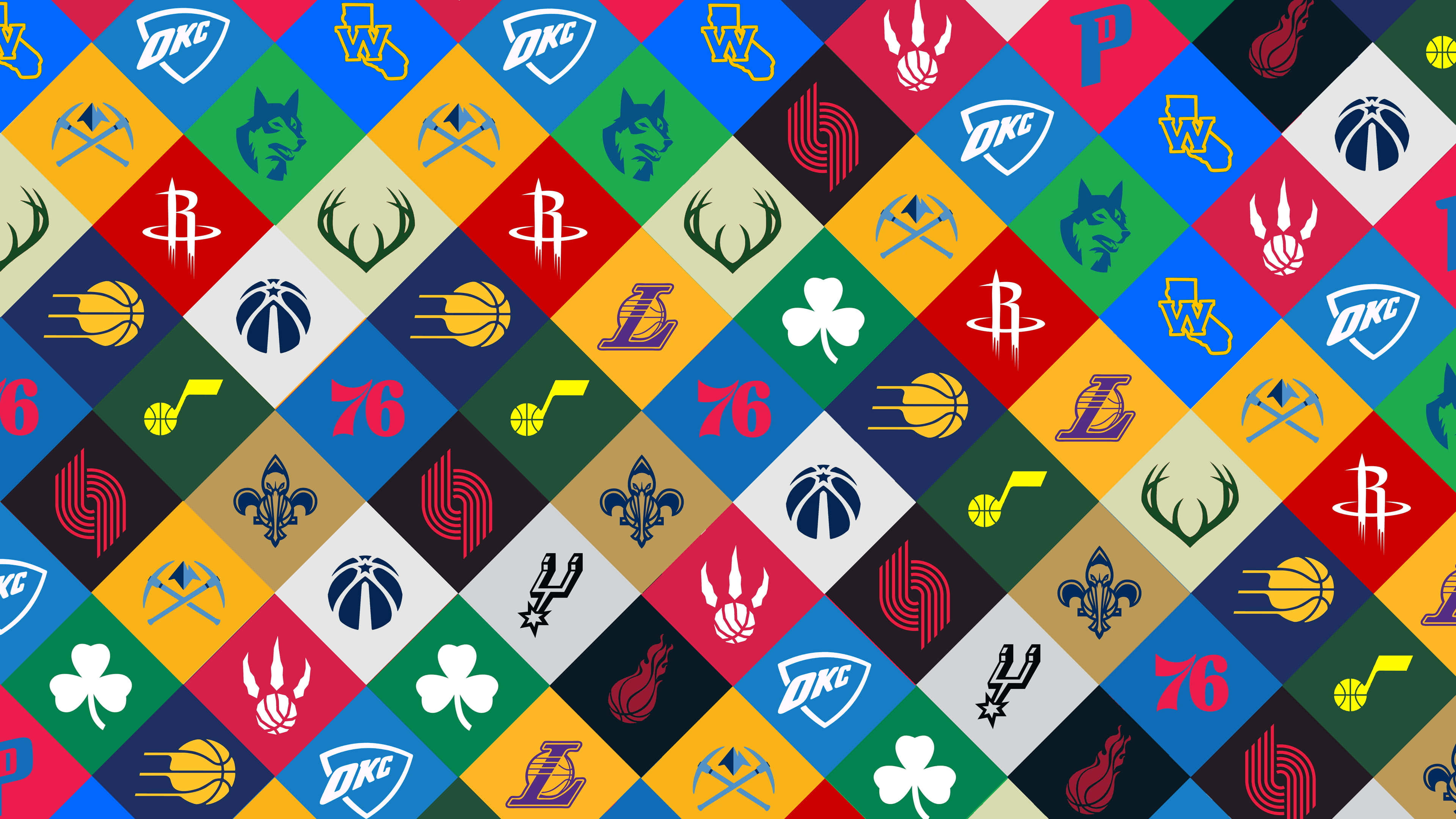 NBA 桌布 壁紙 — 色彩繽紛的鑽石圖案中排列的NBA球隊標誌的充滿活力的馬賽克。