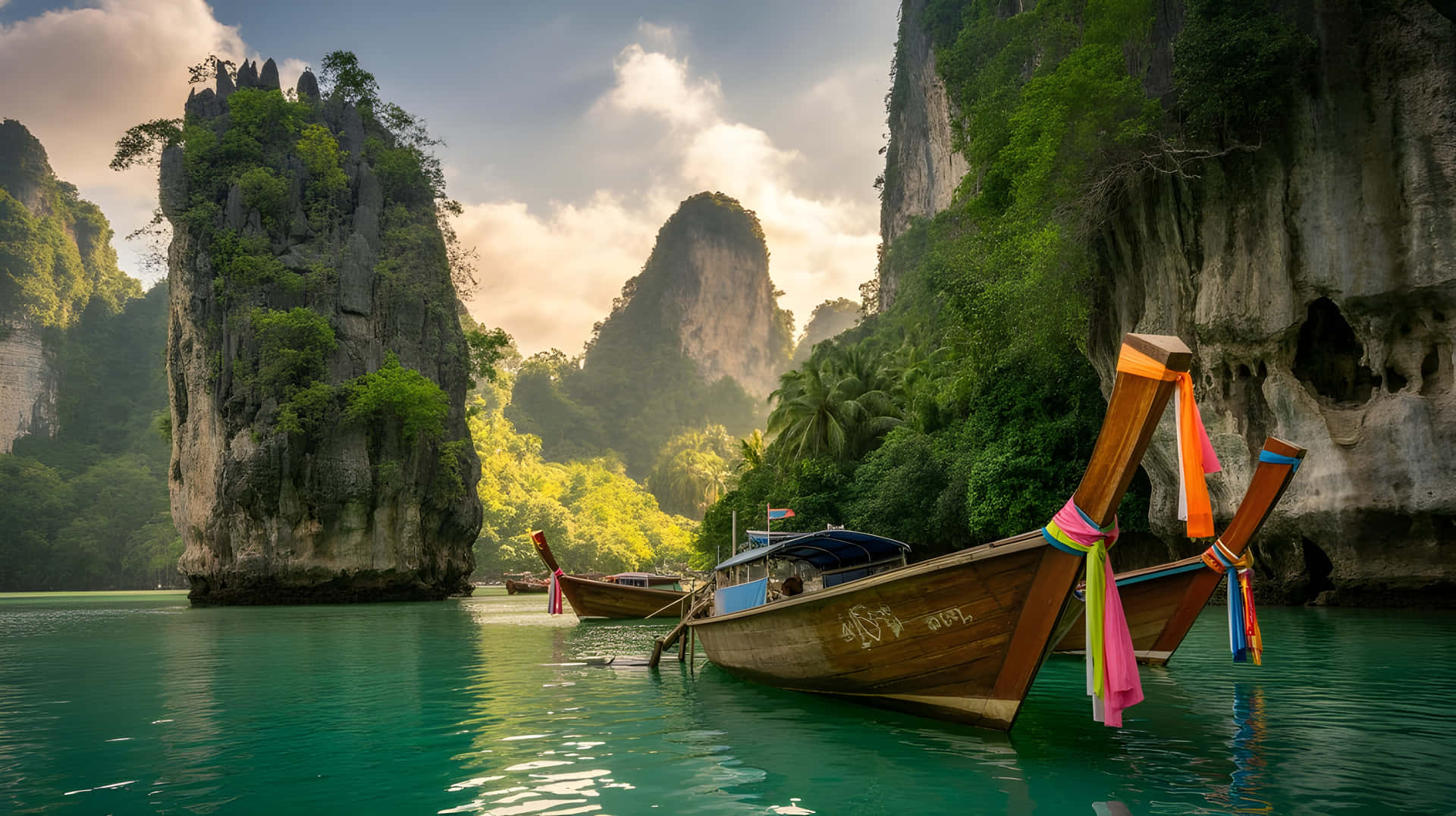 Tropical Emerald Bay and Exotic Thai Island Wallpaper 壁紙 — 色彩繽紛的長尾船在碧綠色的海水中休息，旁邊是高聳的石灰岩懸崖，覆蓋著茂密的綠色植物，在柔和的金色天空下。
