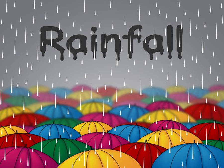 Raining 桌布 壁紙 — 色彩繽紛的雨傘從雨中升起，而「降雨」一詞以粗體黑色字母在灰色天空下滴落。