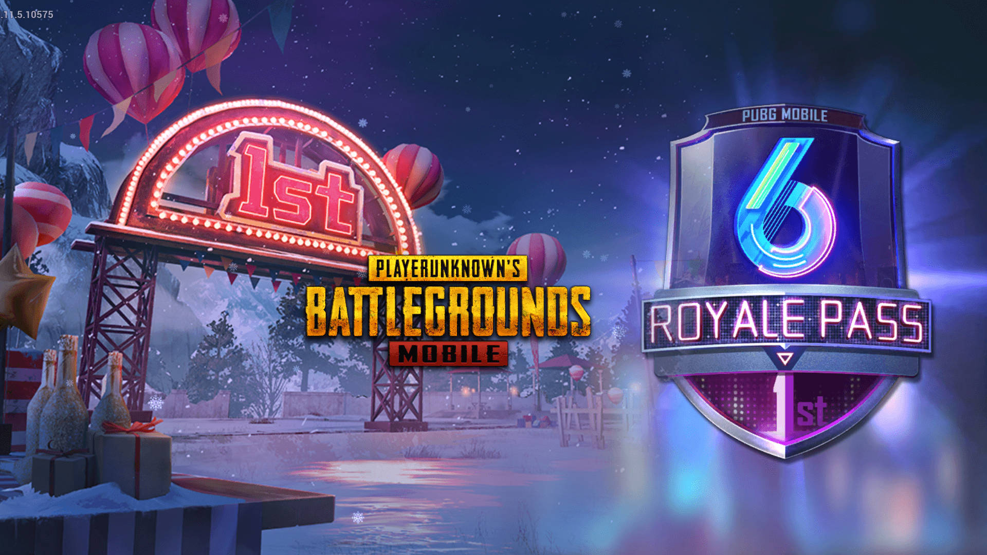 絕地求生 桌布 壁紙 — 色彩繽紛的霓虹燈 '1st' 拱門和 PUBG Mobile Royale Pass 標誌在雪夜背景下與漂浮的氣球一同閃耀。