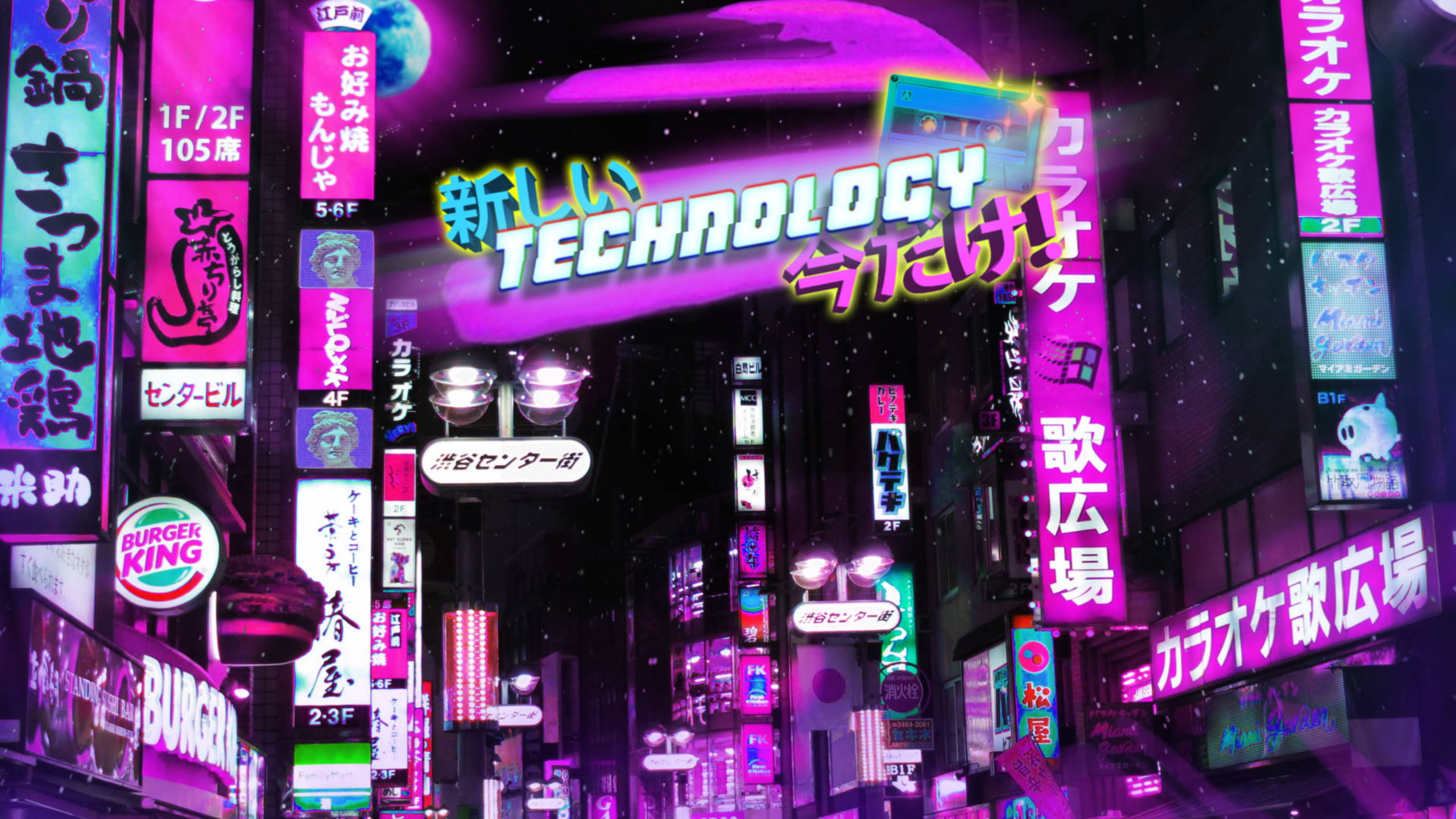 lights 桌布 壁紙 — 色彩繽紛的霓虹燈招牌照亮了夜晚繁忙的東京街道，紫色、粉紅色和藍色的燈光在潮濕的人行道上反射。