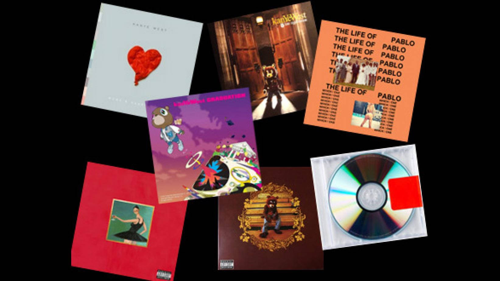 Kanye West Album Cover 桌布 壁紙 — 色彩繽紛的音樂專輯封面和CD在黑色背景上漂浮的拼貼畫。