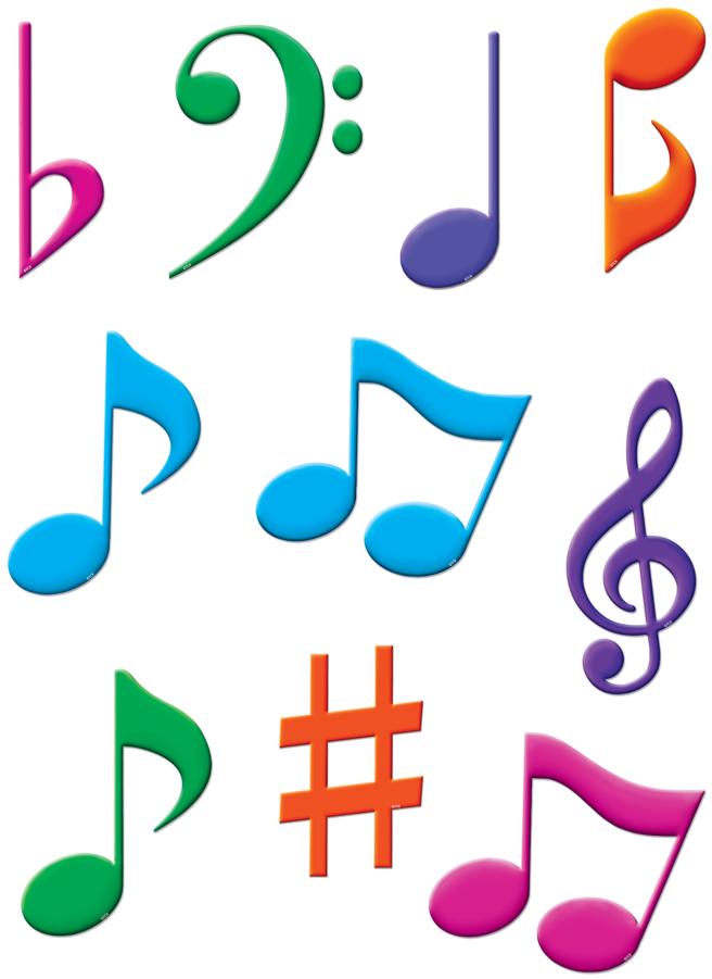 Music Note 桌布 壁紙 — 色彩繽紛的音樂符號和標誌在純黑色背景上以俏皮的卡通風格漂浮。