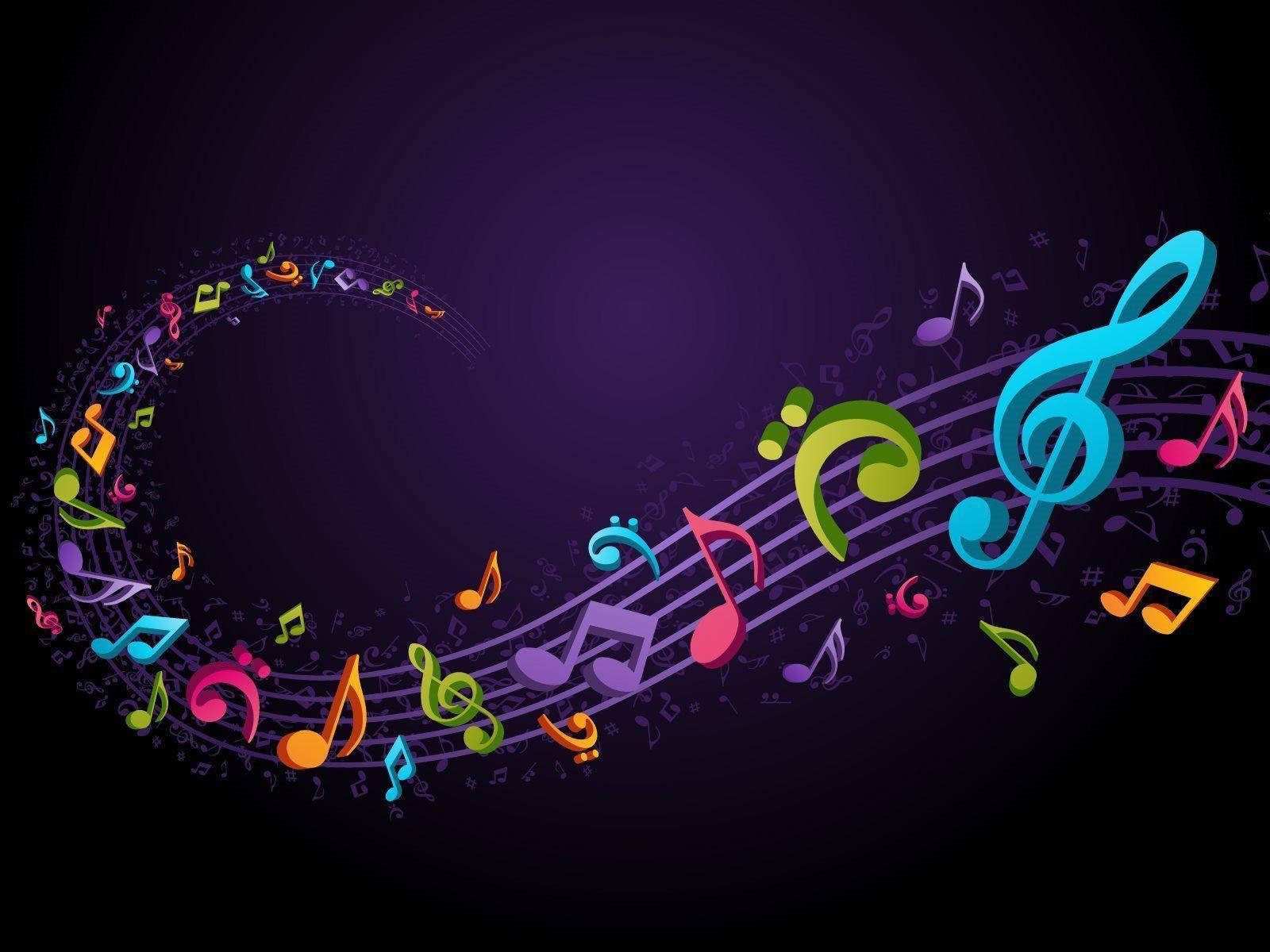 音樂 桌布 壁紙 — 色彩繽紛的音樂音符和符號在深紫色漸變背景上動態旋轉。