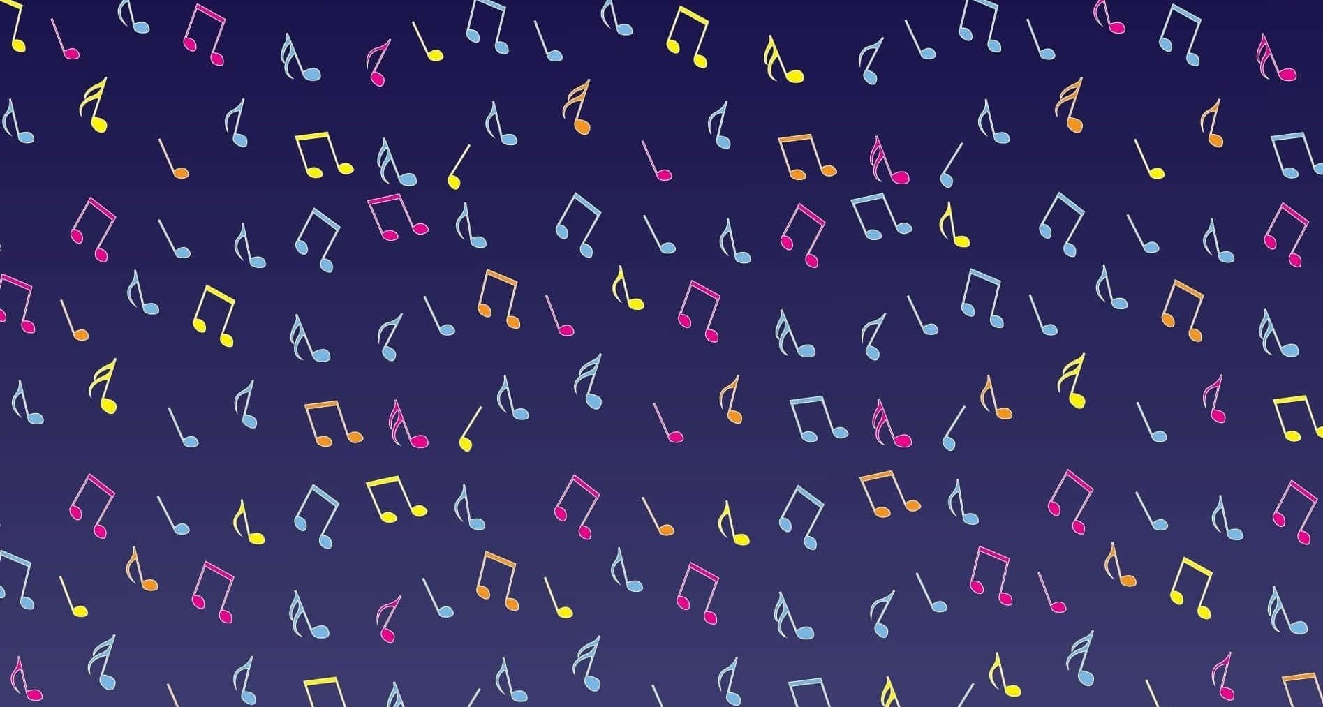 Musical 桌布 壁紙 — 色彩繽紛的音樂音符在深藍色漸層背景上以俏皮的散落圖案漂浮。